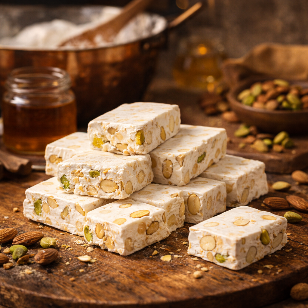 Fabrication artisanale du nougat avec amandes, miel et pistaches en ambiance gourmande