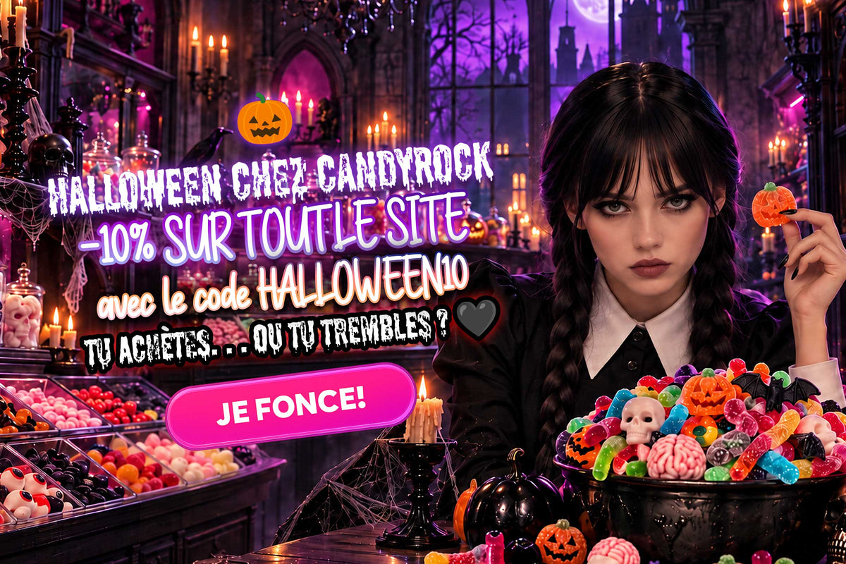 CandyRock Halloween avec bonbons colorés dans une boutique gothique