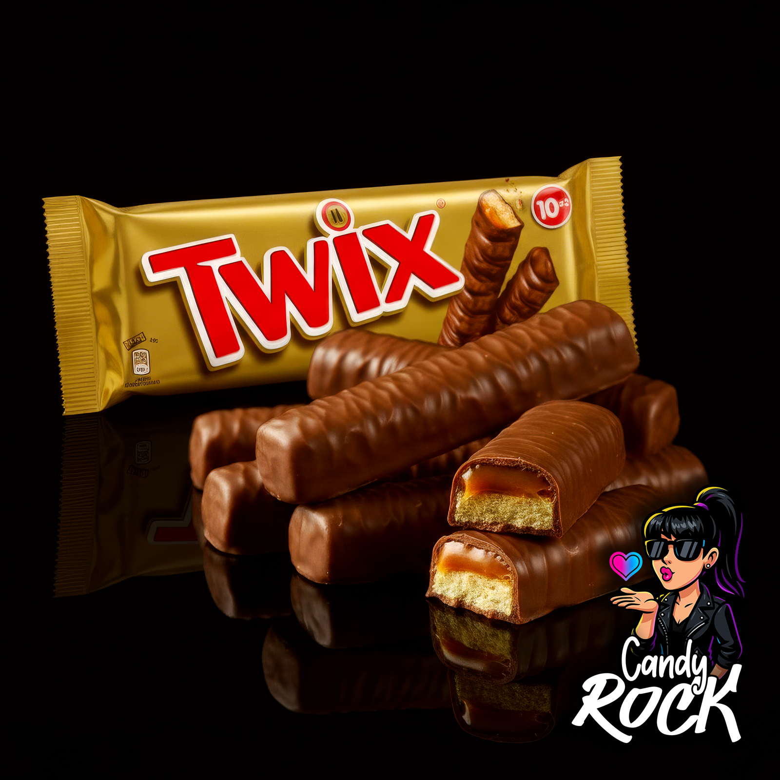 Barre Twix entière sur fond noir, chocolat au lait lisse, format long à relief nervuré, CandyRock.