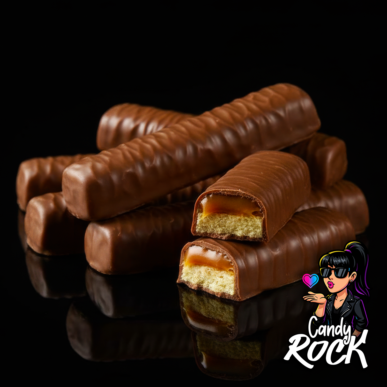Barre Twix coupée sur fond noir révélant le biscuit croquant et le caramel fondant sous chocolat au lait, CandyRock.