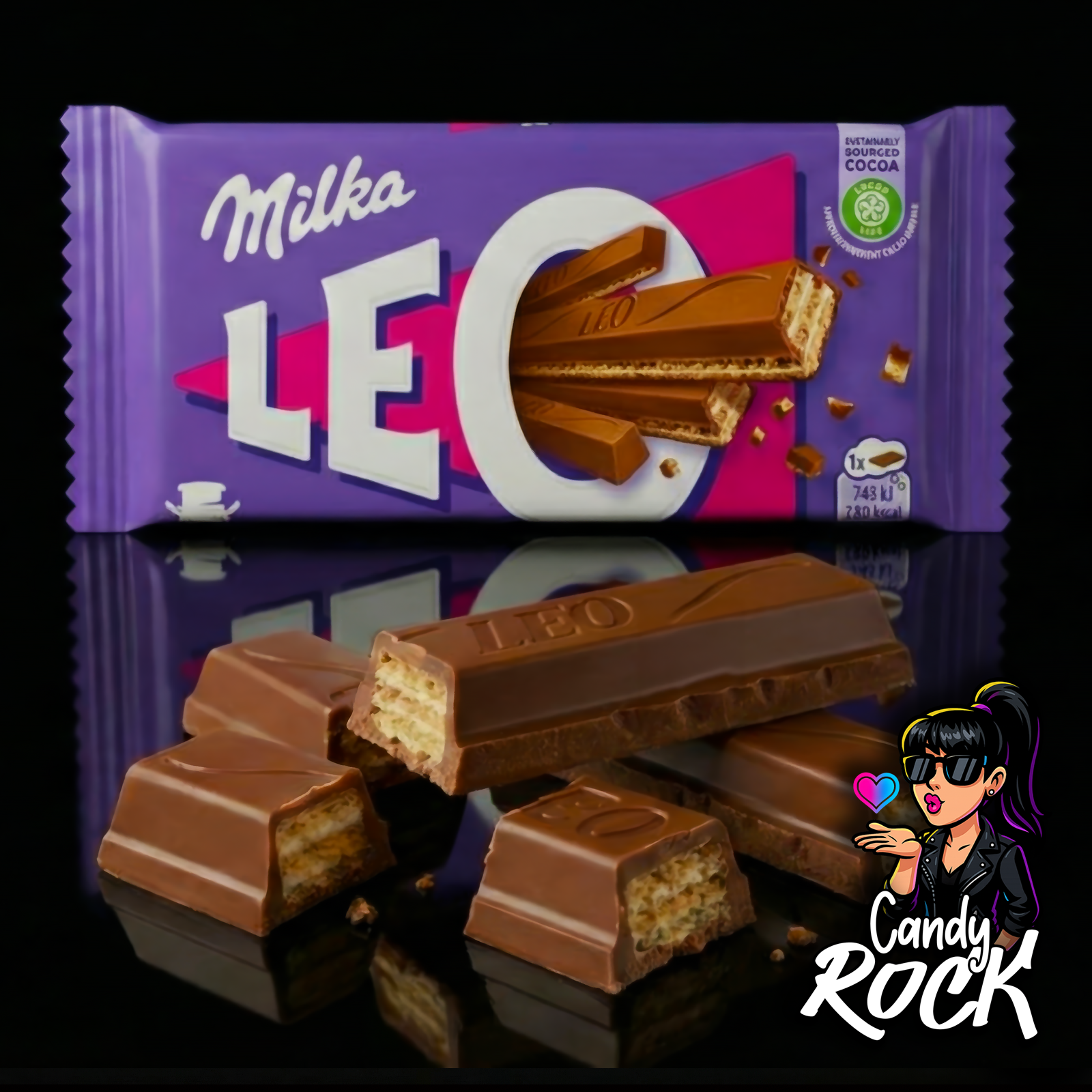 Barre chocolat au lait Milka Leo entière sur fond noir, format long brillant et relief marqué, CandyRock.