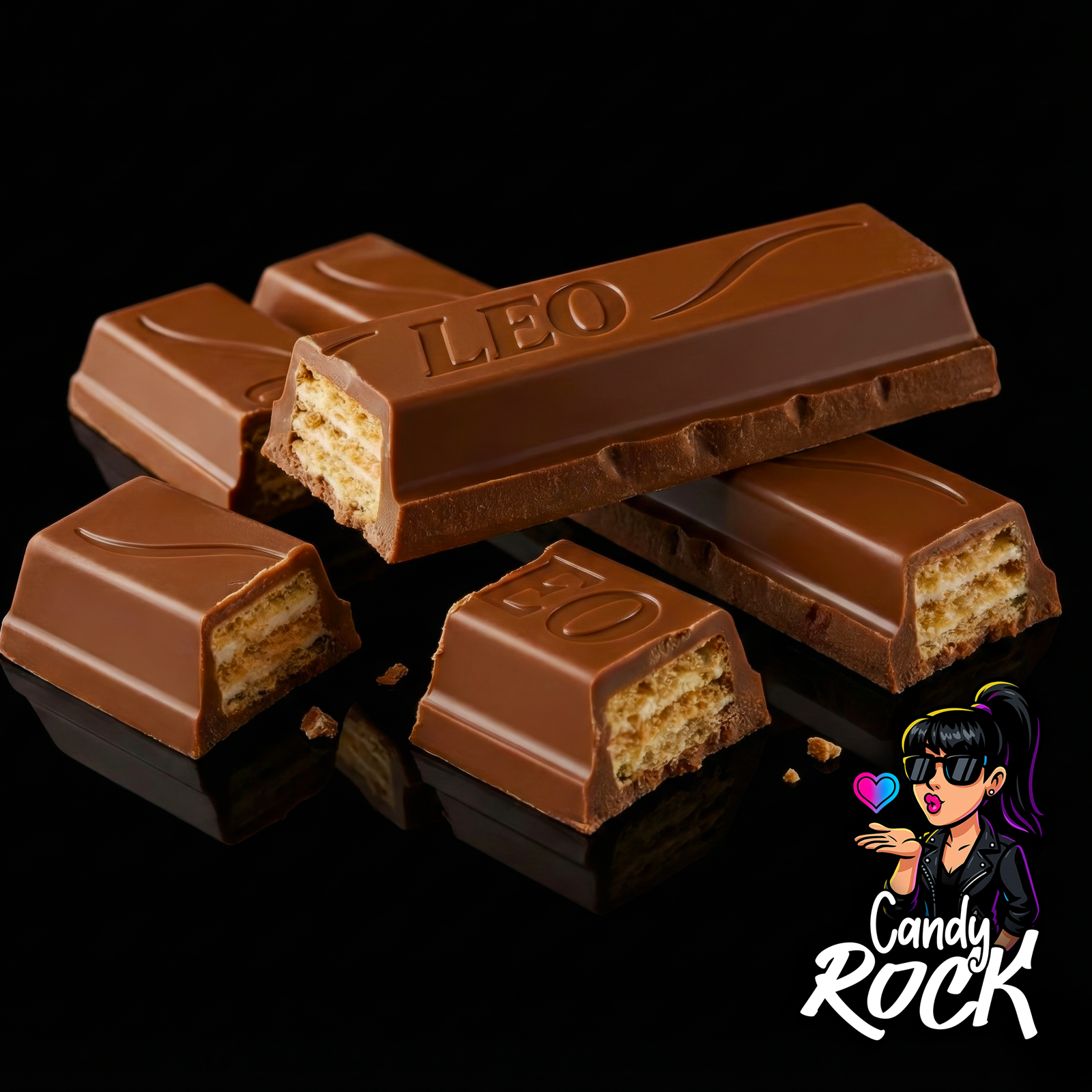 Barre Milka Leo coupée montrant les couches de gaufrette croustillante et la crème cacao fondante, CandyRock.