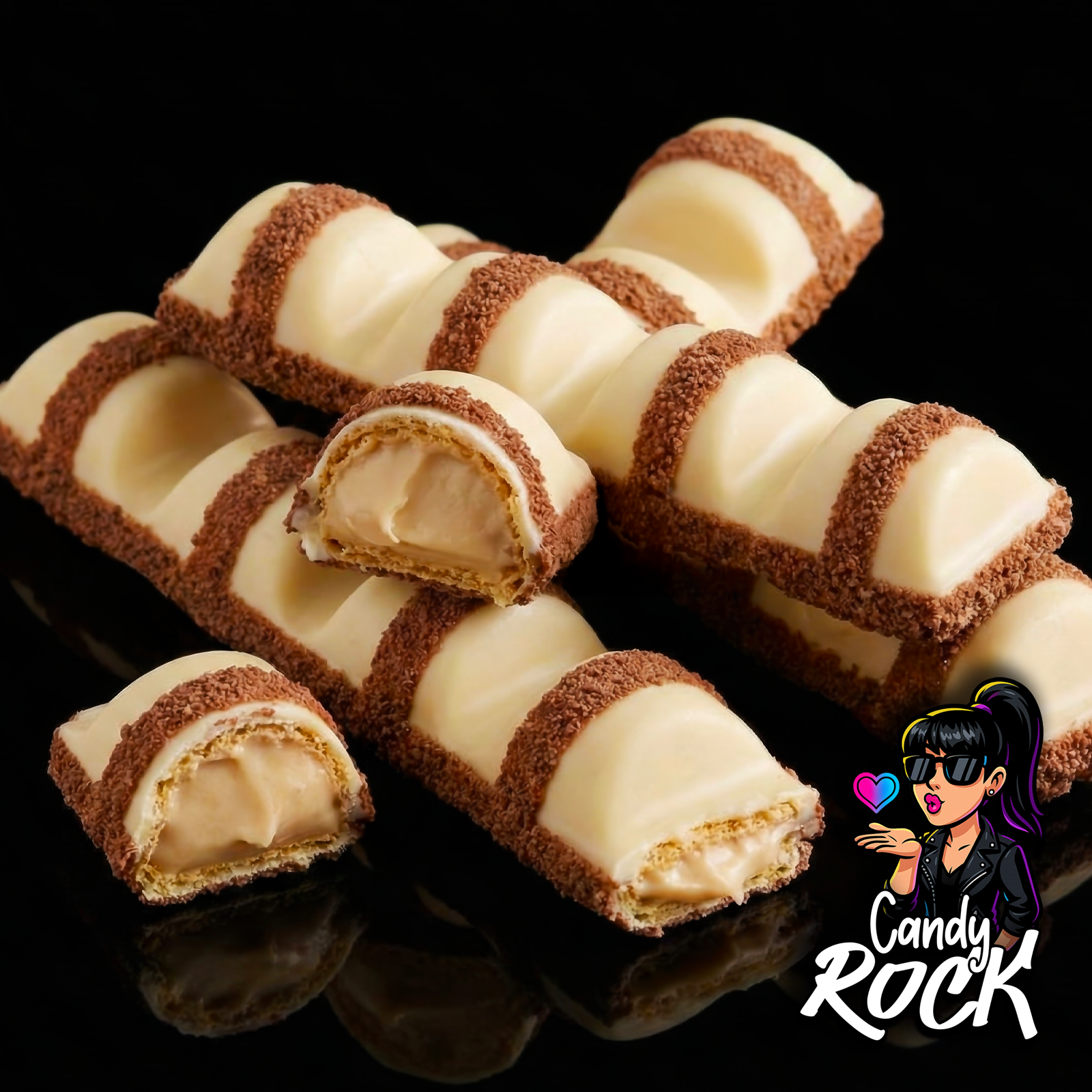 Morceaux de barres chocolat blanc à la gaufrette croustillante et crème noisette, disposés sur fond noir brillant CandyRock.