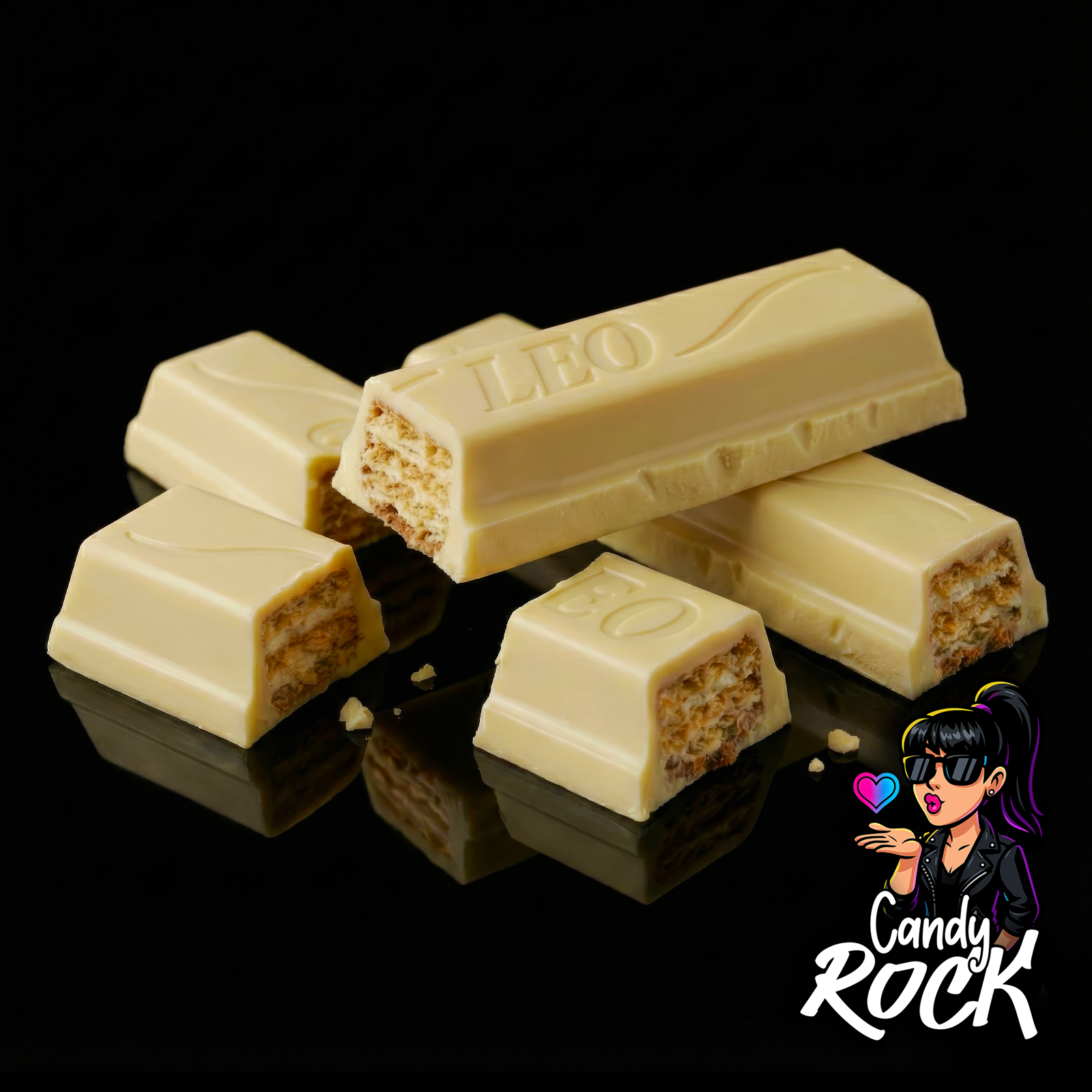 Barre Milka Leo chocolat blanc coupée montrant les couches de gaufrette croustillante et le cœur fondant, CandyRock.