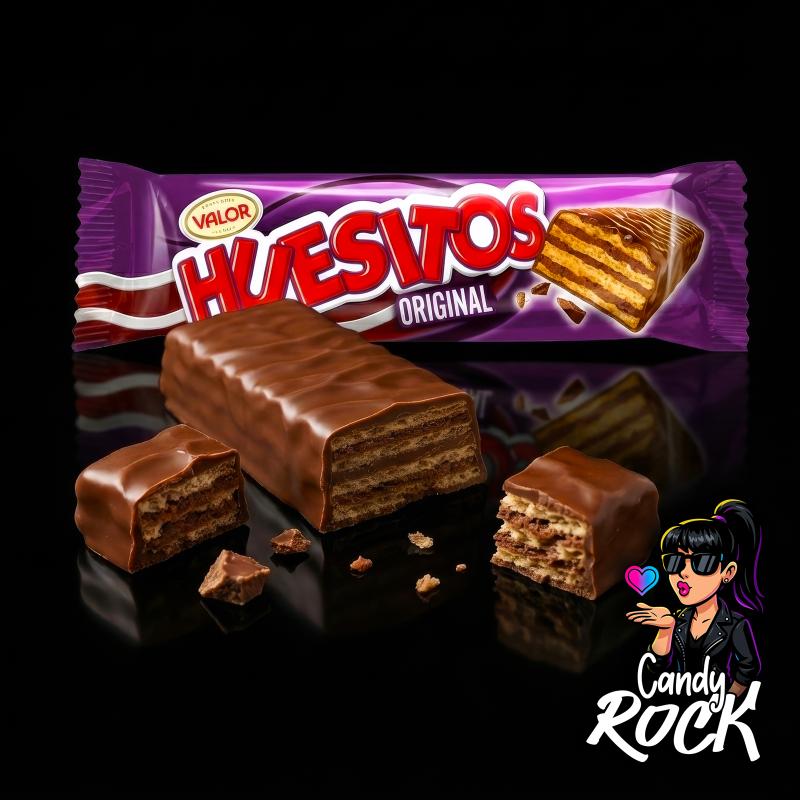 Barre chocolatée Huesitos au chocolat au lait sur fond noir, présentation entière gourmande, CandyRock.