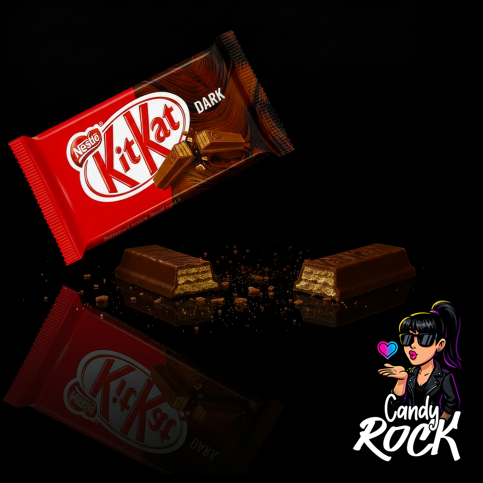 Barre KitKat Dark entière en chocolat noir sur fond noir, présentation intense et gourmande, CandyRock.