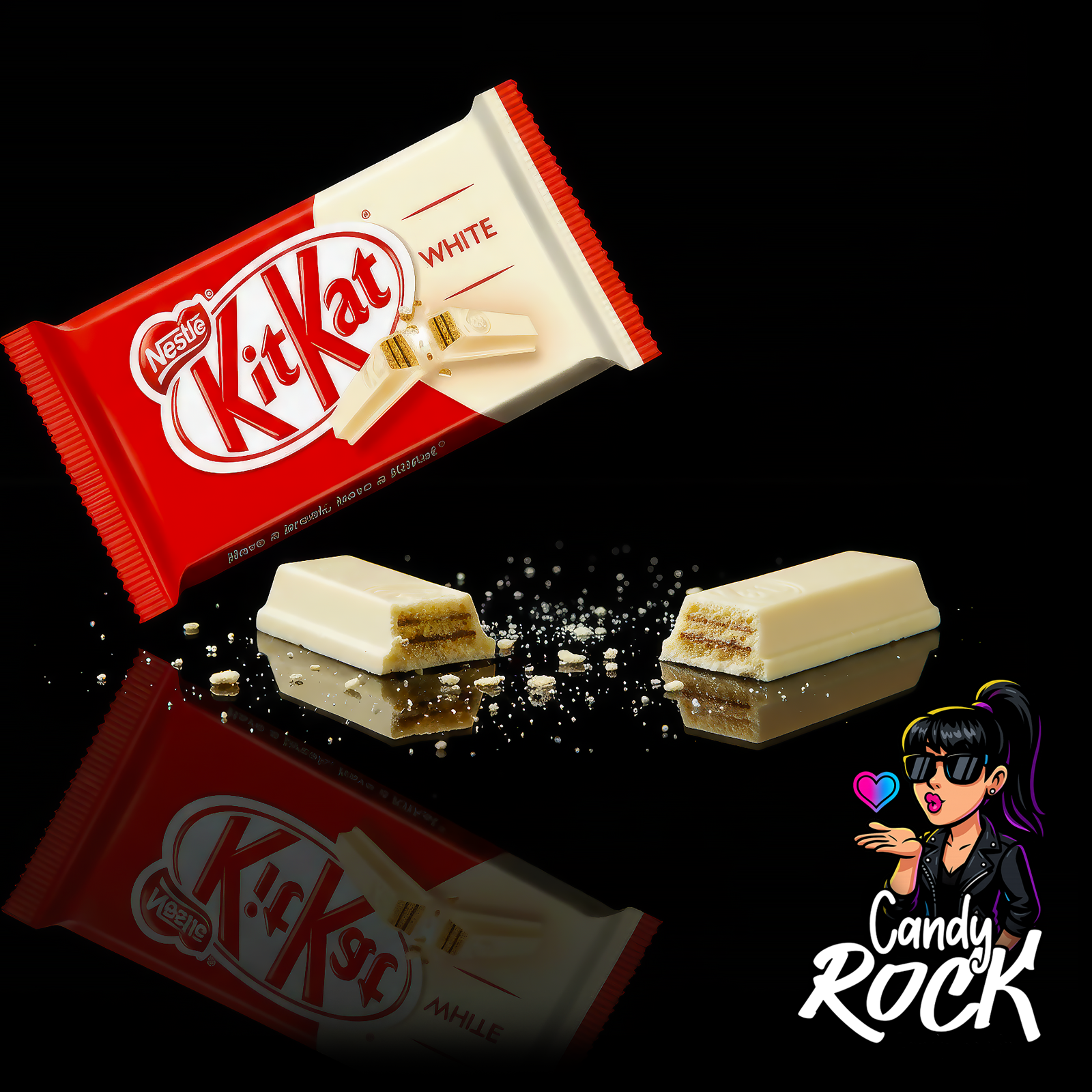 Barre KitKat White entière en chocolat blanc sur fond noir, présentation iconique et gourmande, CandyRock.