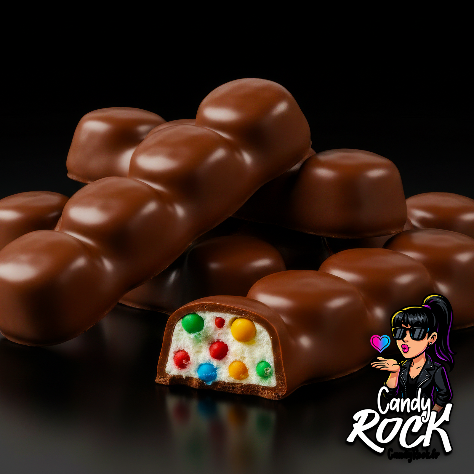 Segments de barre chocolatée Lacasitos montrant un intérieur crémeux et dragées multicolores, éclairage fond noir CandyRock