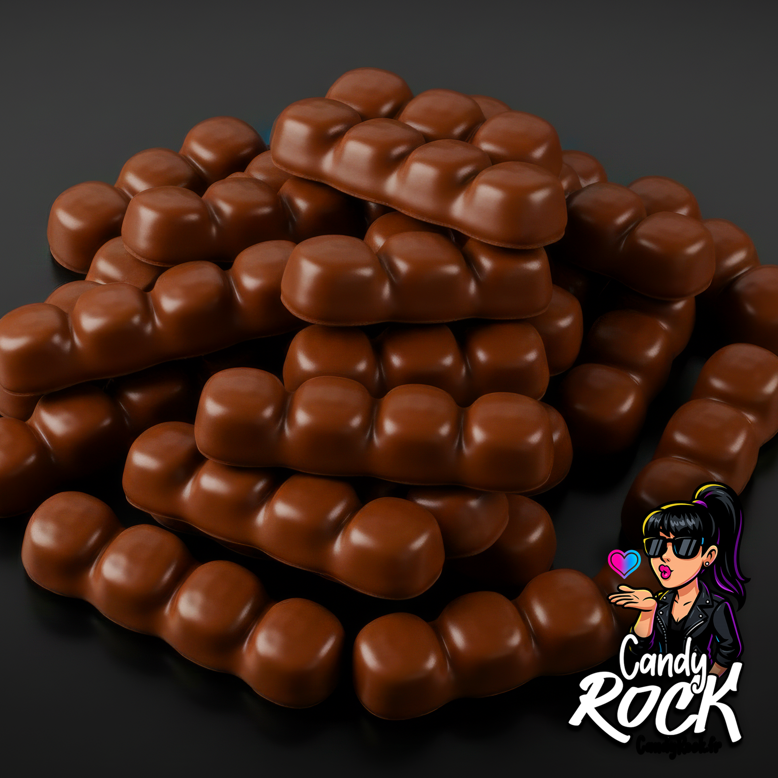 Barres chocolatées Lacasitos au lait empilées, surface lisse et segments bombés, vues sur fond noir CandyRock.