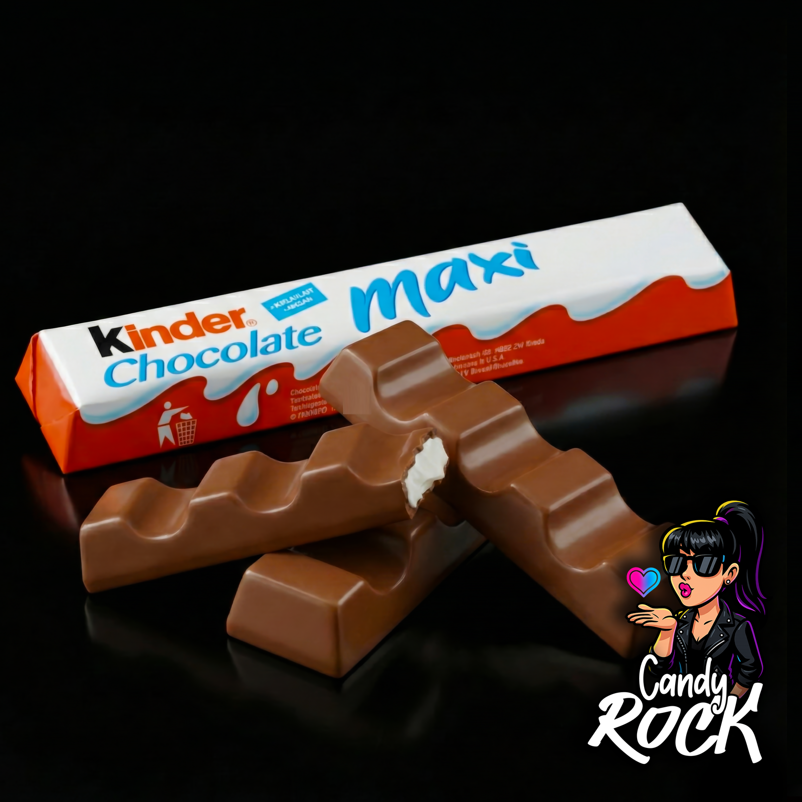 Barre Kinder Maxi entière sur fond noir, chocolat au lait lisse et format long iconique, CandyRock.