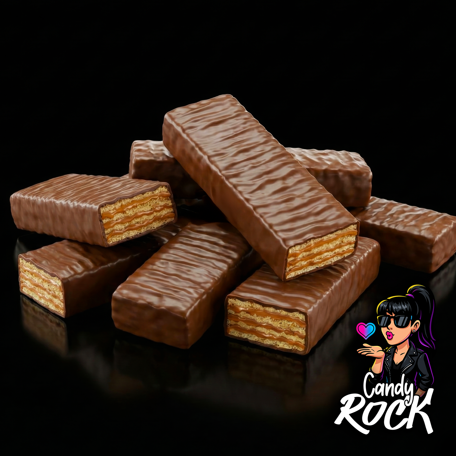 Barre chocolat au lait Cha Cha Maxx LU entière sur fond noir, format long nervuré et généreux, CandyRock.