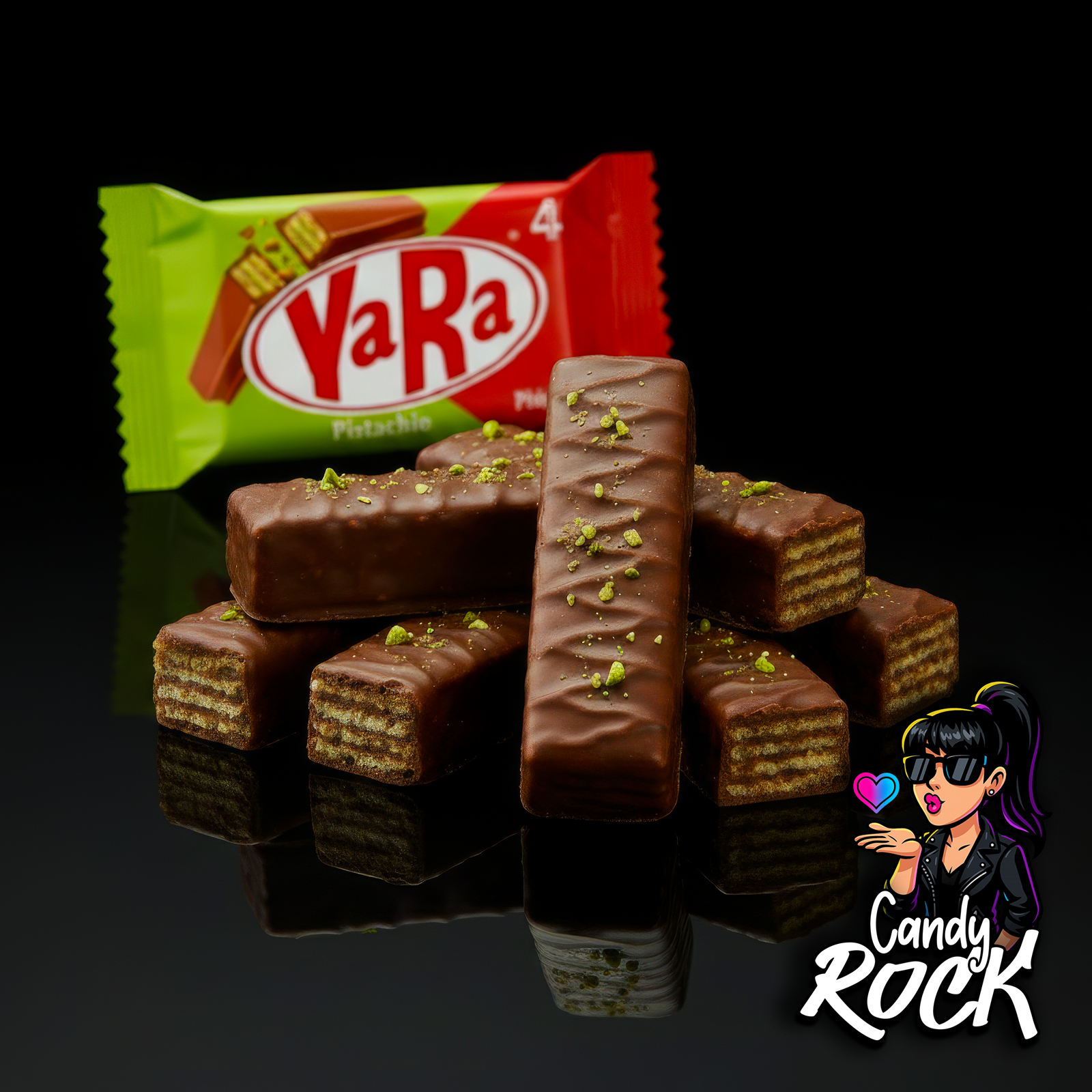 Barre Yara chocolat au lait coupée montrant les couches de gaufrette croustillante et les notes pistache, CandyRock.