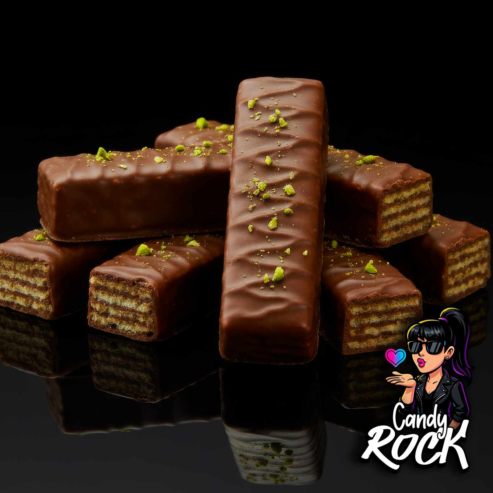 Barre chocolat au lait Yara à la pistache entière sur fond noir, format long avec éclats visibles, CandyRock.