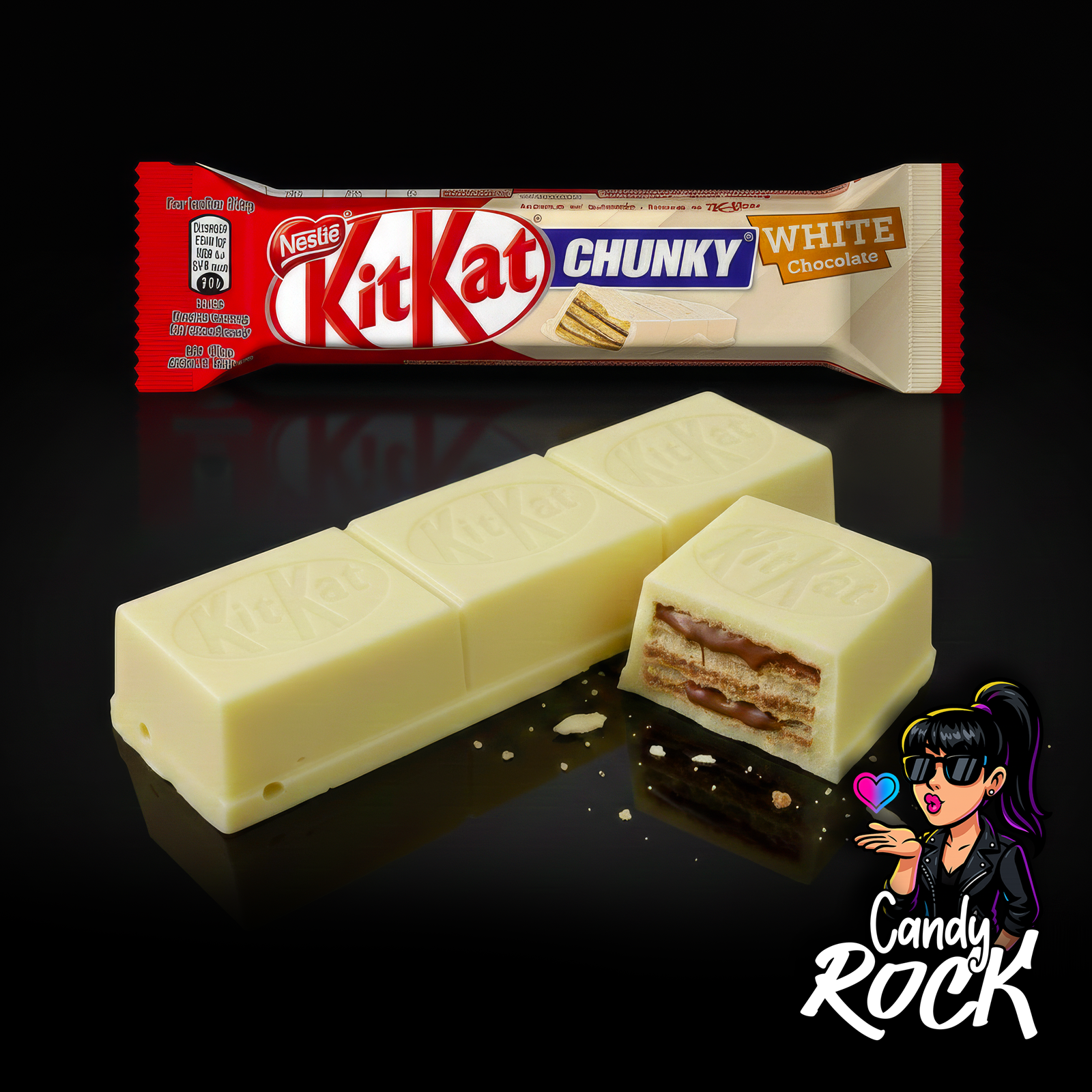Barre chocolatée Kit Kat Chunky White entière sur fond noir, chocolat blanc lisse et format épais, CandyRock.