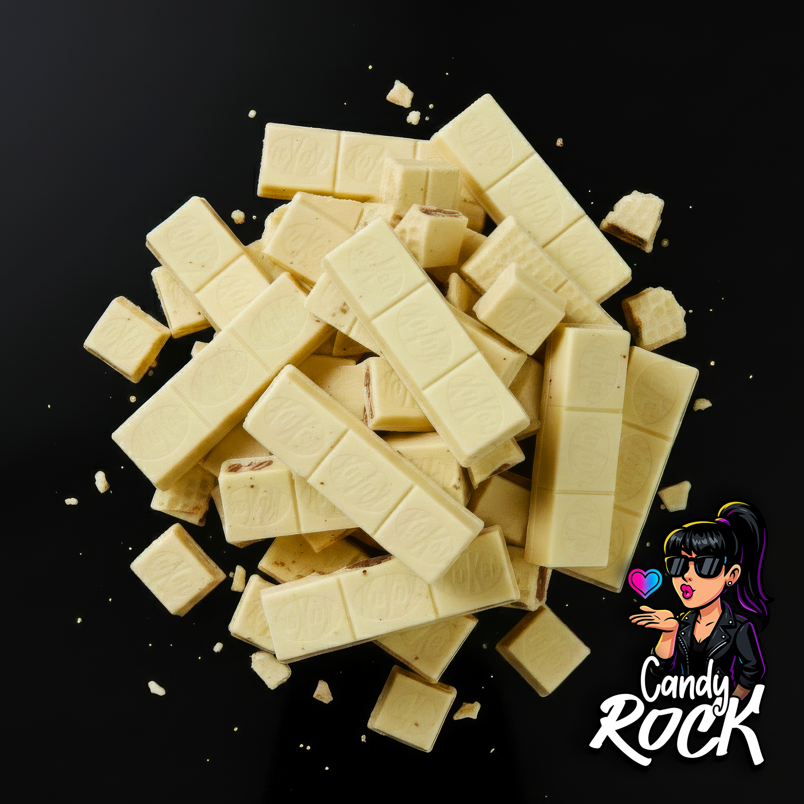 Barres KitKat Chunky White en chocolat blanc, vue éclatée sur fond noir CandyRock