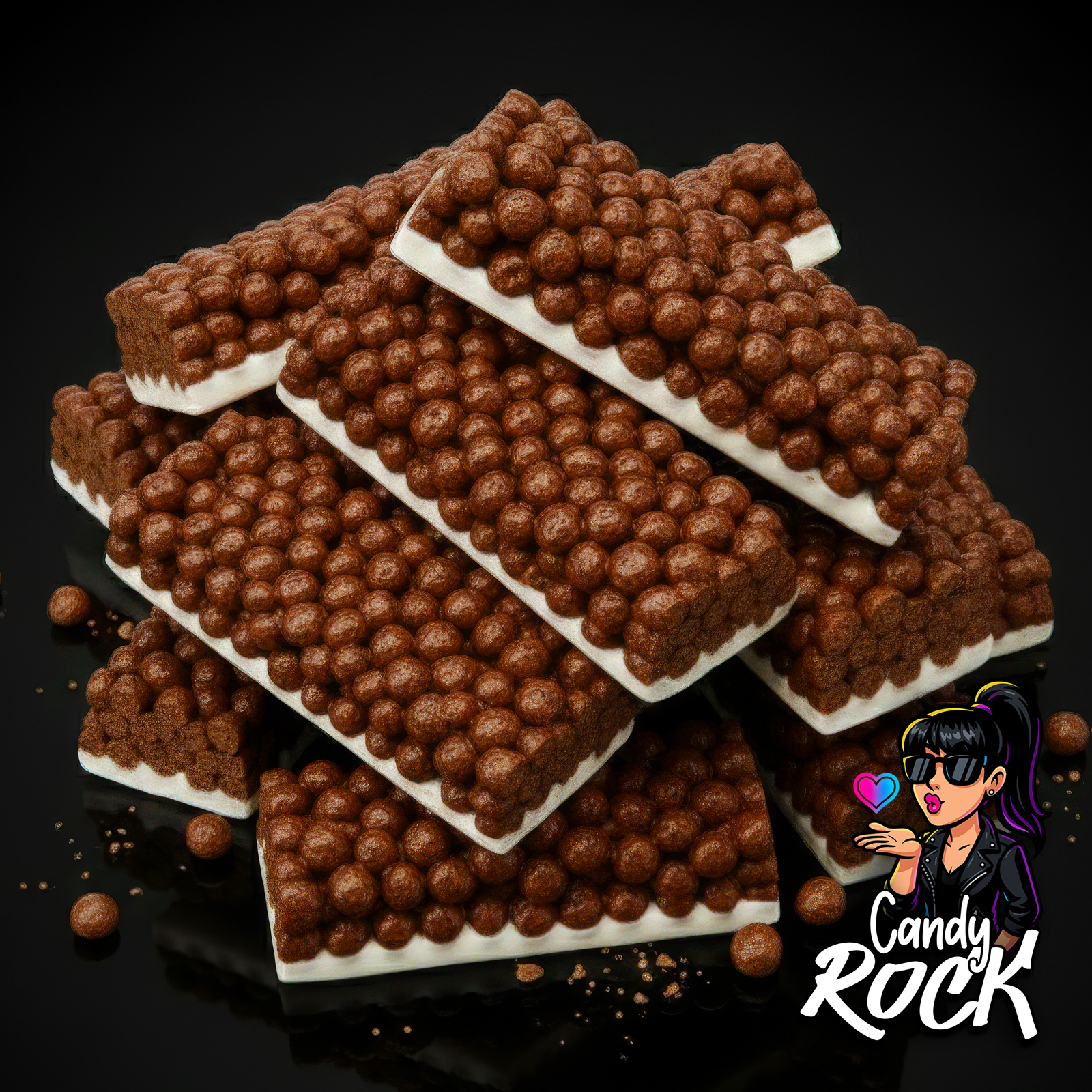 Pile de barres chocolatées Nesquik aux céréales croustillantes sur fond noir, rendu gourmand et généreux, CandyRock.