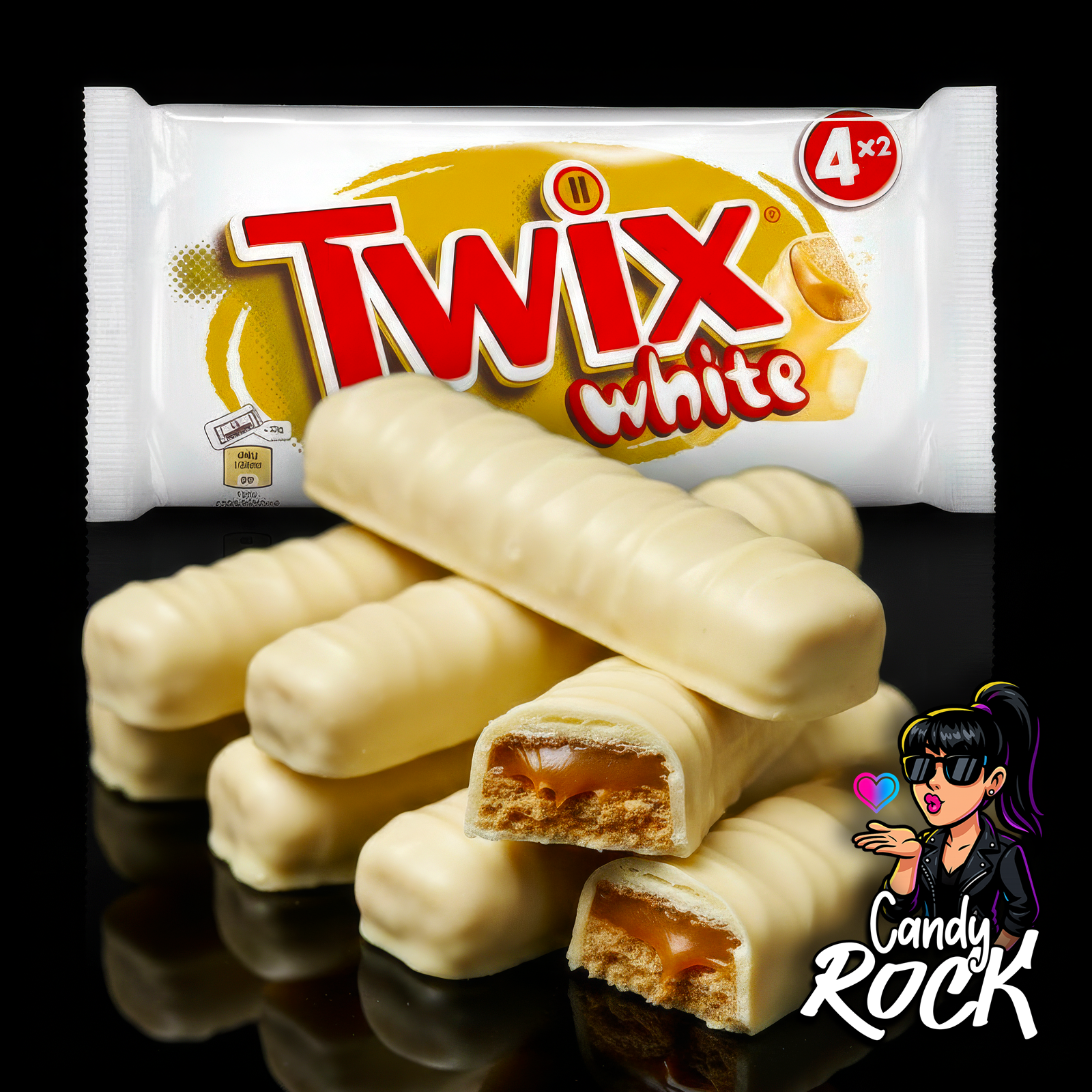 Twix White chocolat blanc fondant au caramel et biscuit, mise en scène élégante sur fond noir CandyRock.