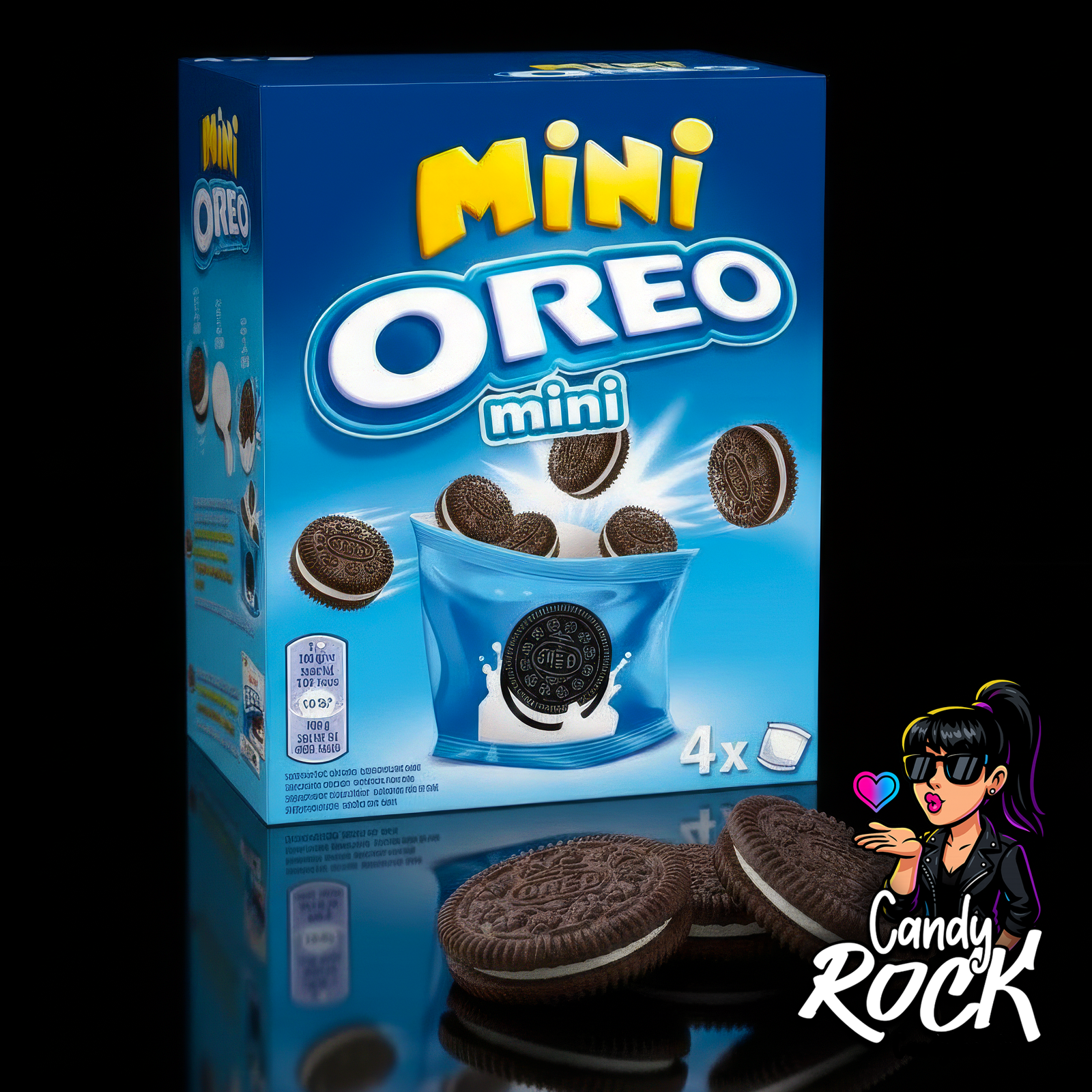 Mini biscuits Oreo chocolat fourrés, présentés sur fond noir brillant avec un contraste marqué façon CandyRock.