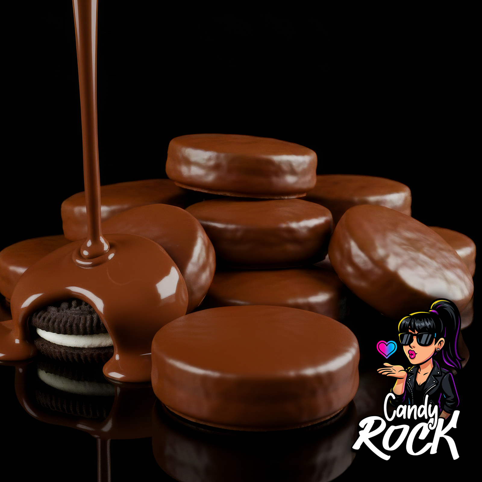 Gros plan sur un Oreo enrobé au lait coupé, révélant le biscuit cacao et la crème, éclairage sombre CandyRock.