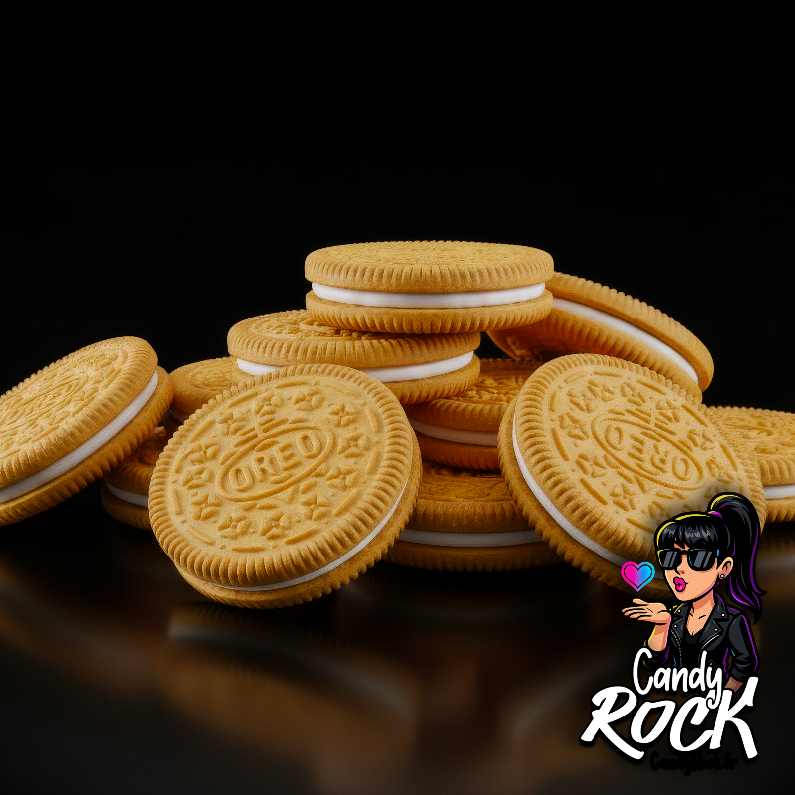 Gros plan sur un tas de biscuits Oreo Golden dorés, texture embossée visible et crème blanche fine, CandyRock.