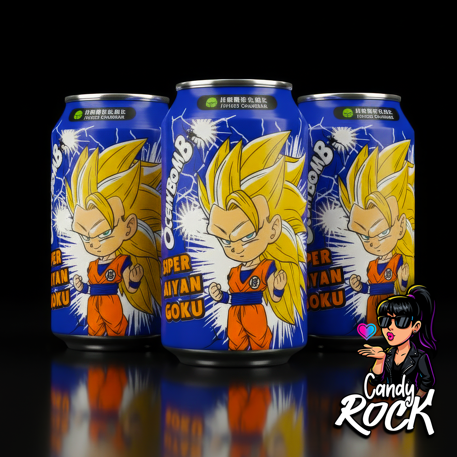 Détail illustration Goku Super Saiyan 3 sur canette Ocean Bomb brillante, style pop culture, CandyRock.