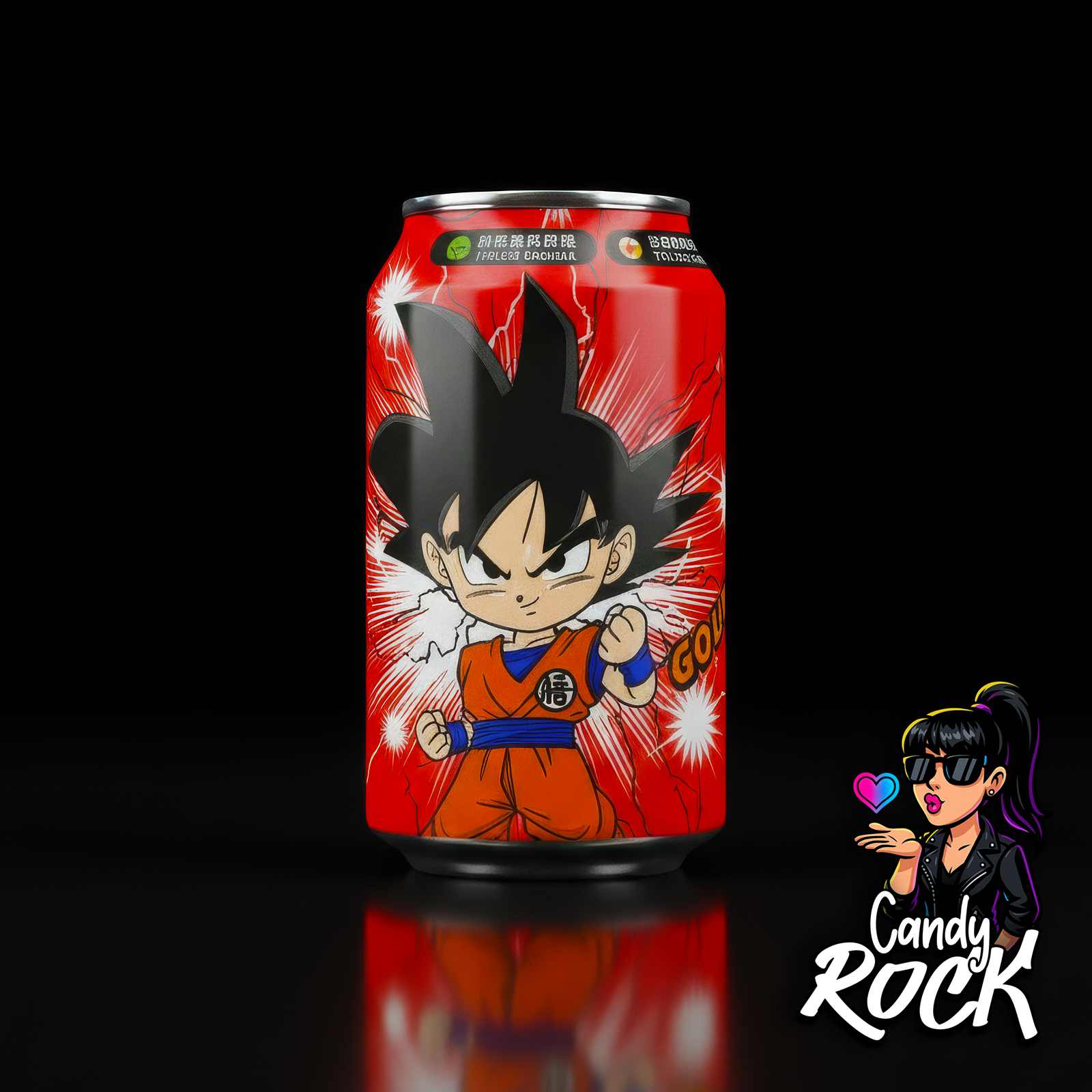Canette Ocean Bomb Dragon Ball Goku rouge sur fond noir, soda japonais saveur pêche, CandyRock.