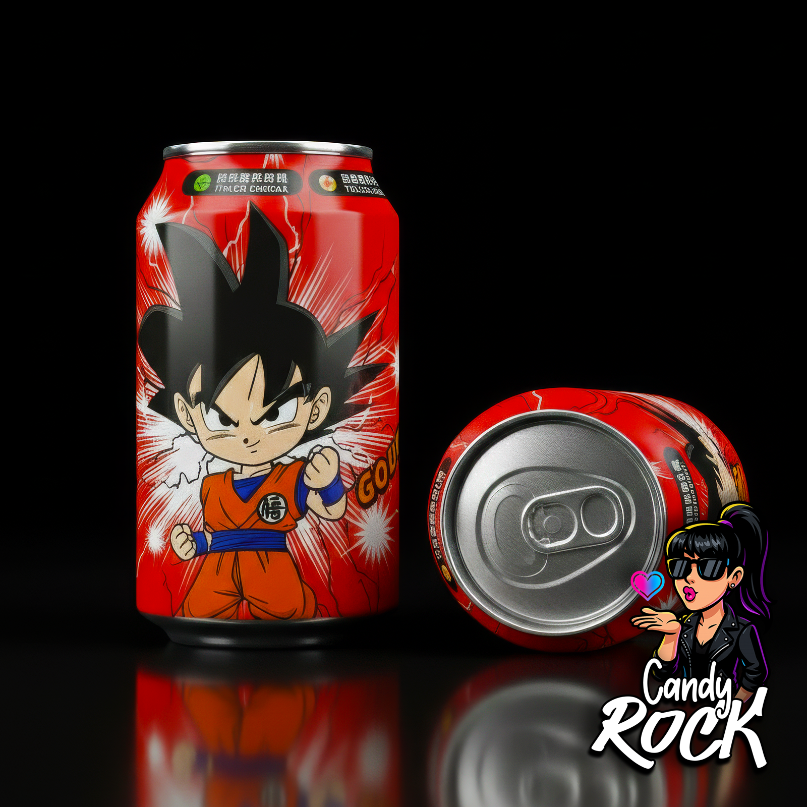Détail canette Ocean Bomb Dragon Ball Goku avec ouverture easy open et finition brillante, CandyRock.