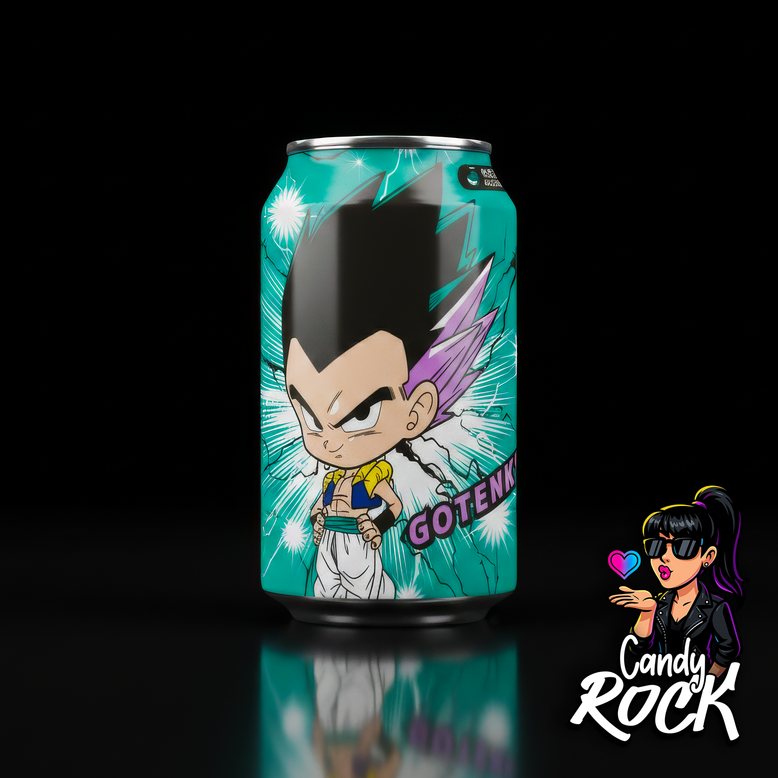 Canette Ocean Bomb Dragon Ball Gotenks saveur melon sur fond noir, design manga électrique, CandyRock.
