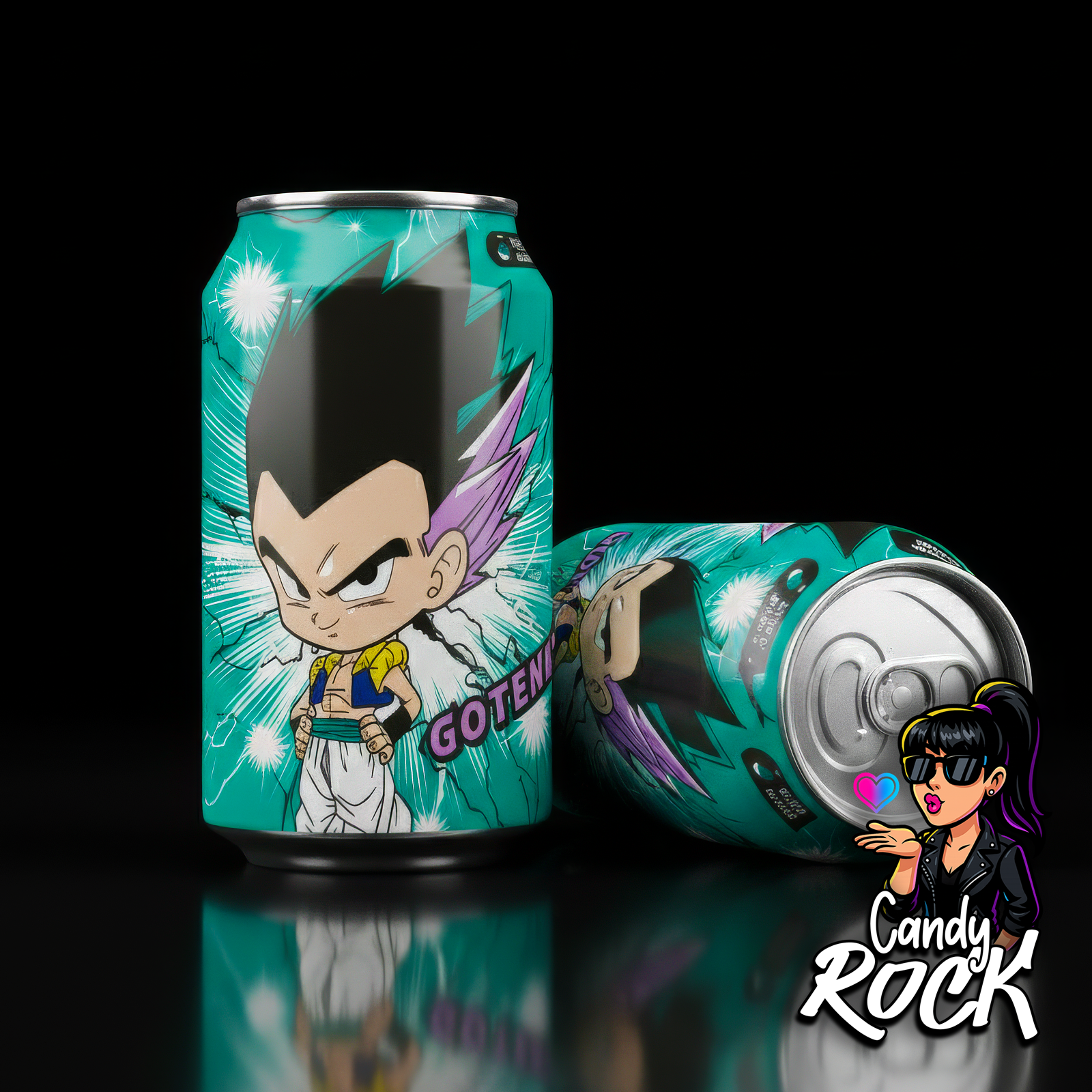 Détail de la canette Ocean Bomb Gotenks melon, illustration Dragon Ball et aluminium brillant, CandyRock.