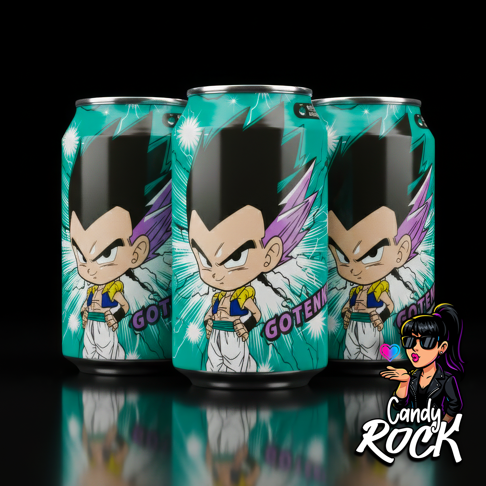 Trois canettes Ocean Bomb Dragon Ball Gotenks melon alignées sur fond noir, soda japonais collector, CandyRock.