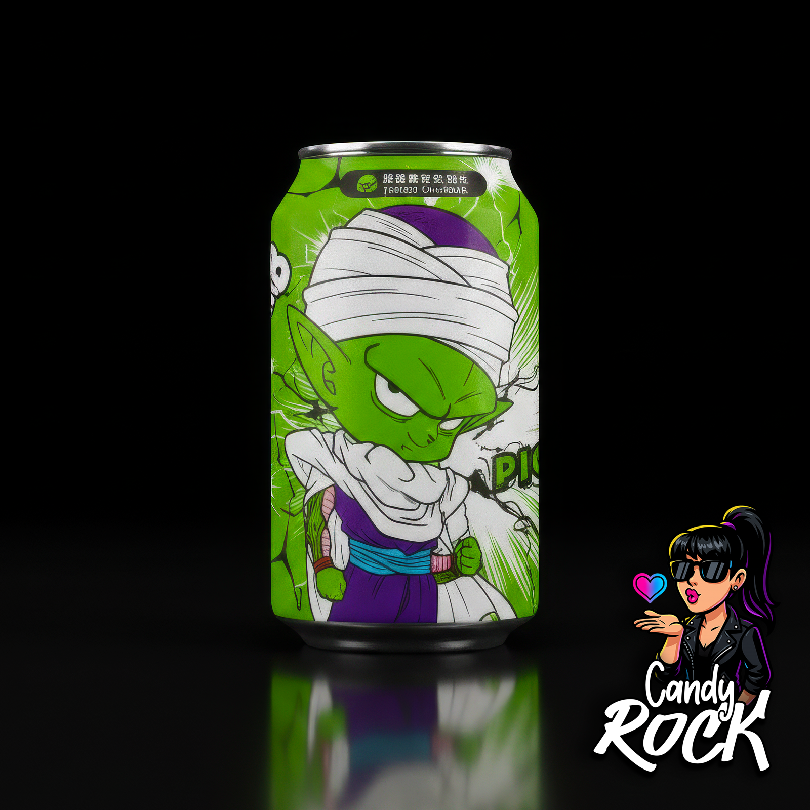 Canette Ocean Bomb Dragon Ball Piccolo citron sur fond noir, design manga vert intense, CandyRock.