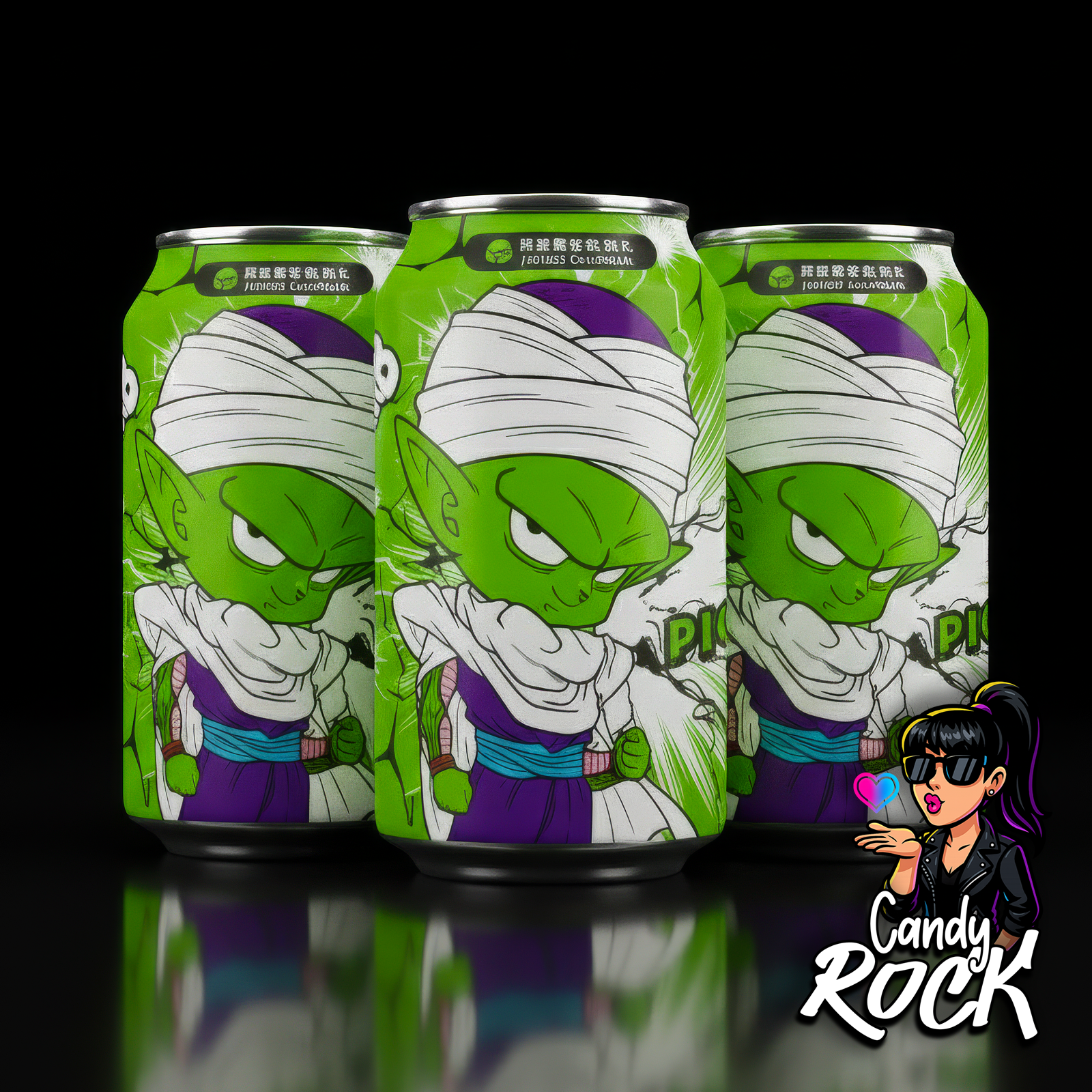 Trois canettes Ocean Bomb Dragon Ball Piccolo citron alignées sur fond noir, soda japonais collector, CandyRock.
