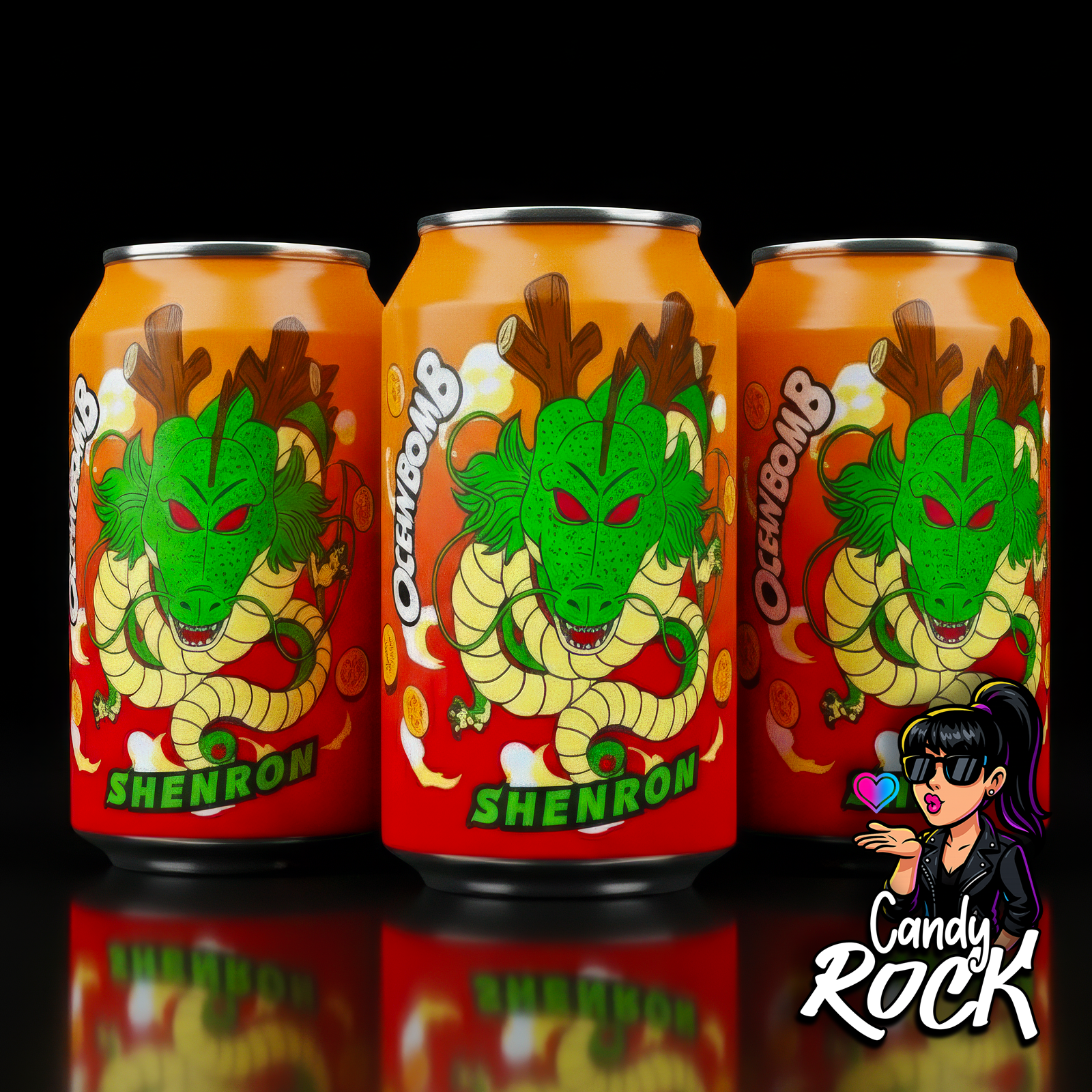 Trois canettes Ocean Bomb Dragon Ball Shenron orange alignées sur fond noir, soda japonais collector, CandyRock.