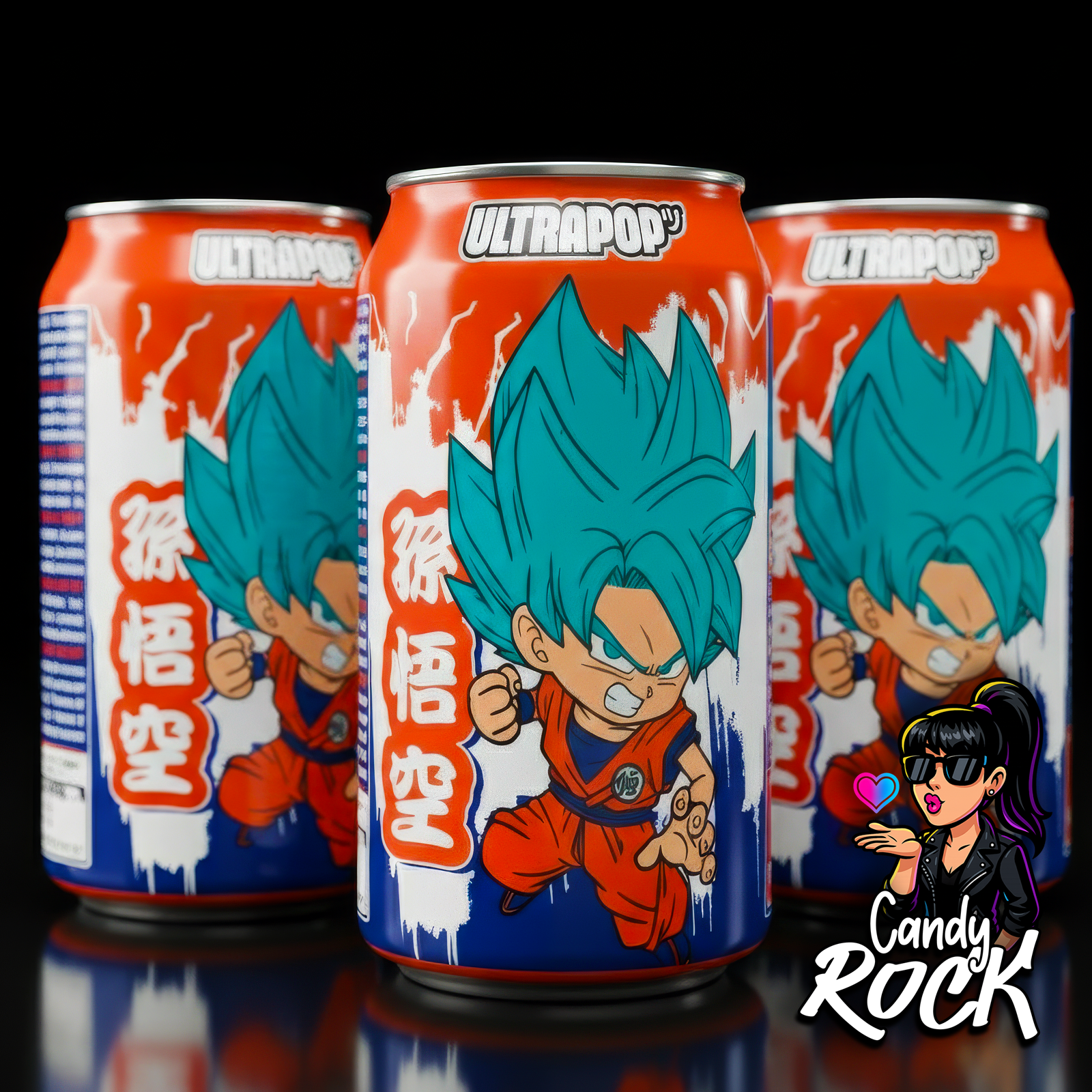 Trois canettes Ultrapop Dragon Ball fraise banane alignées sur fond noir, boisson japonaise pop culture, CandyRock.