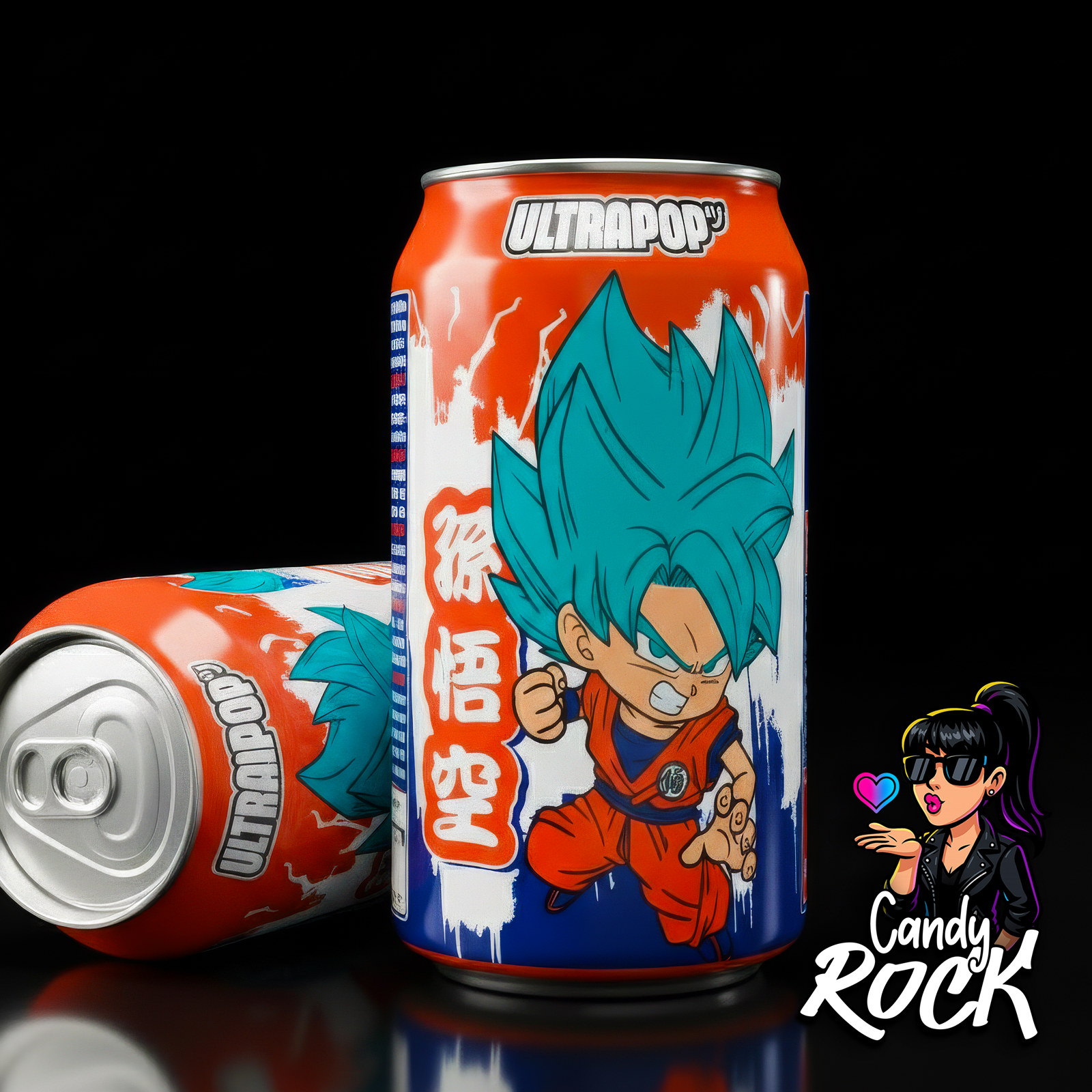 Détail de la canette Ultrapop Dragon Ball fraise banane, illustration manga dynamique et aluminium brillant, CandyRock.
