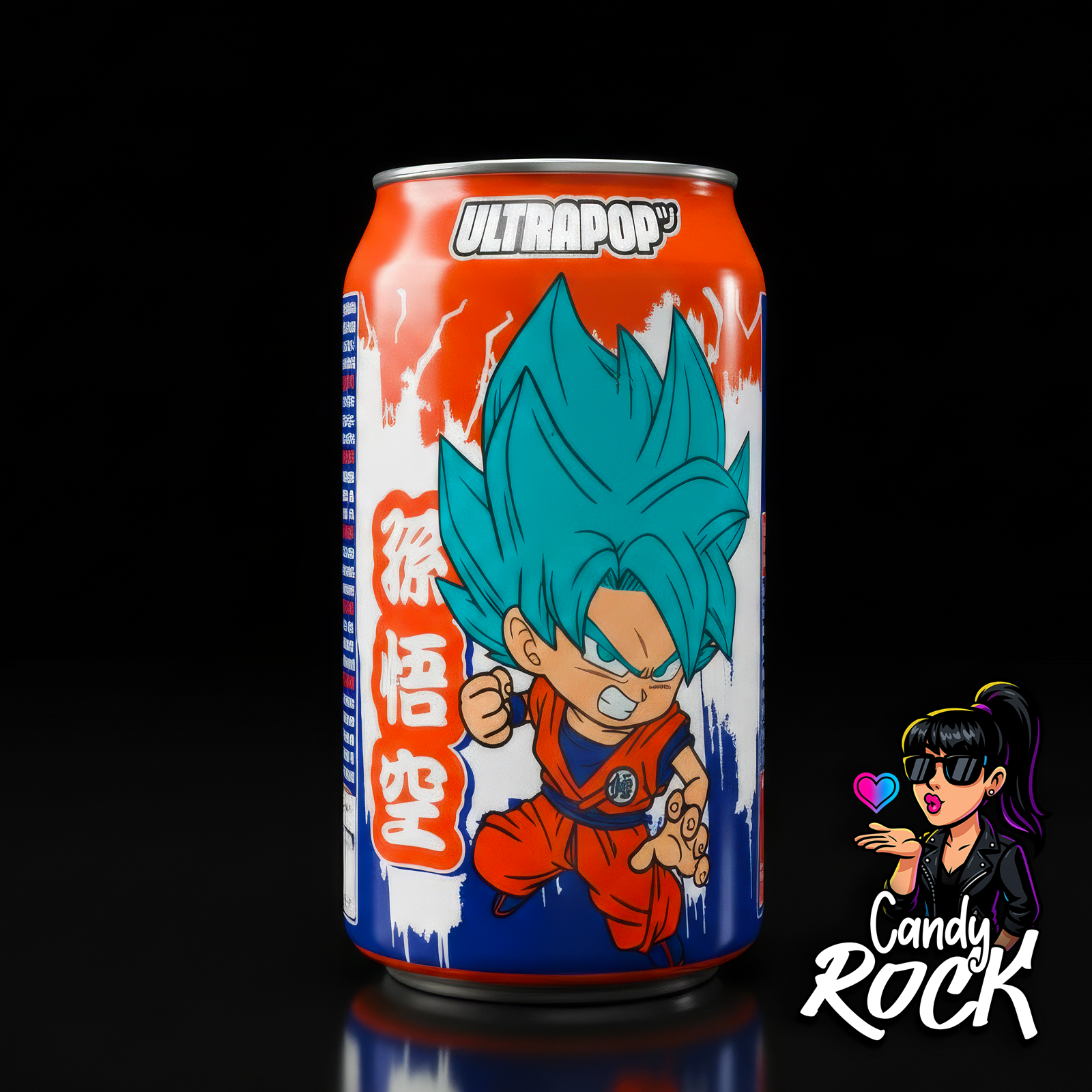 Canette Ultrapop Dragon Ball fraise banane sur fond noir, design manga énergique et couleurs vives, CandyRock.