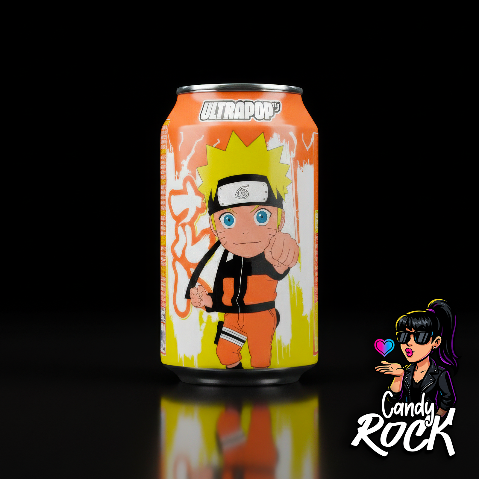 Canette Ultrapop Naruto saveur orange sur fond noir, design manga japonais énergique, CandyRock.