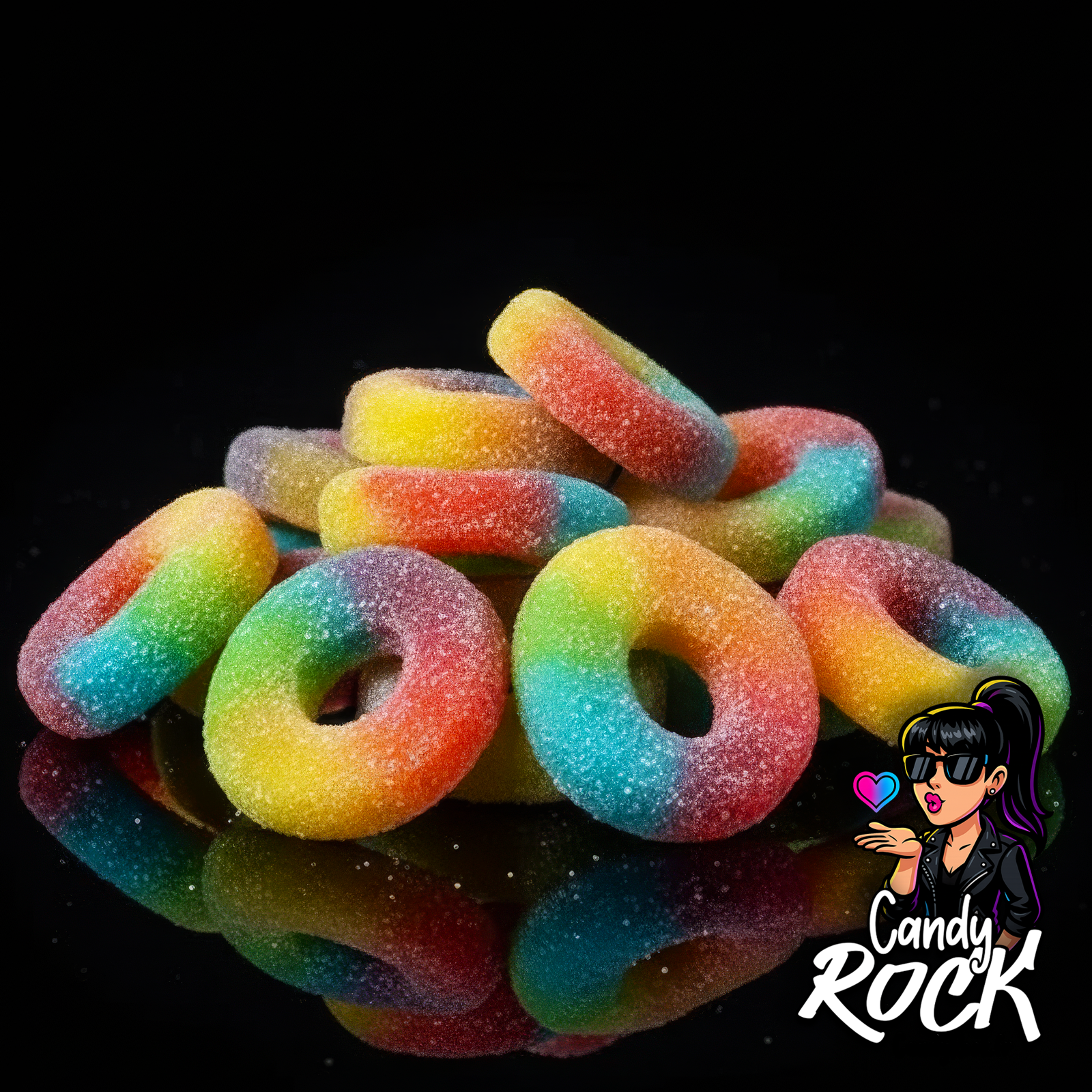 Bonbons anneaux multicolores acidulés, texture gélifiée moelleuse et sucrée, CandyRock