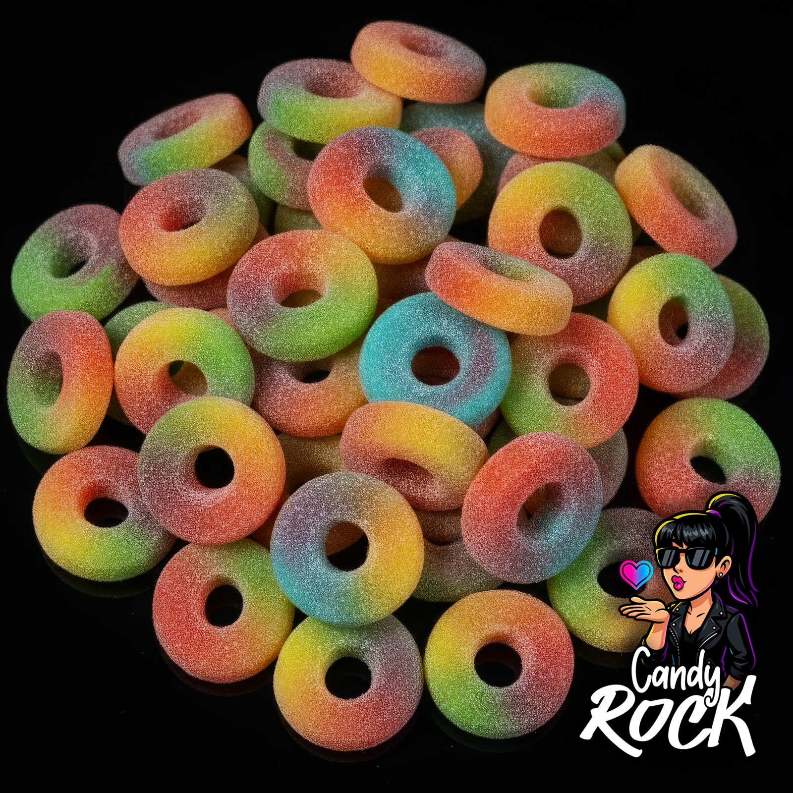 Bonbons anneaux multicolores acidulés, texture gélifiée moelleuse et sucrée, CandyRock