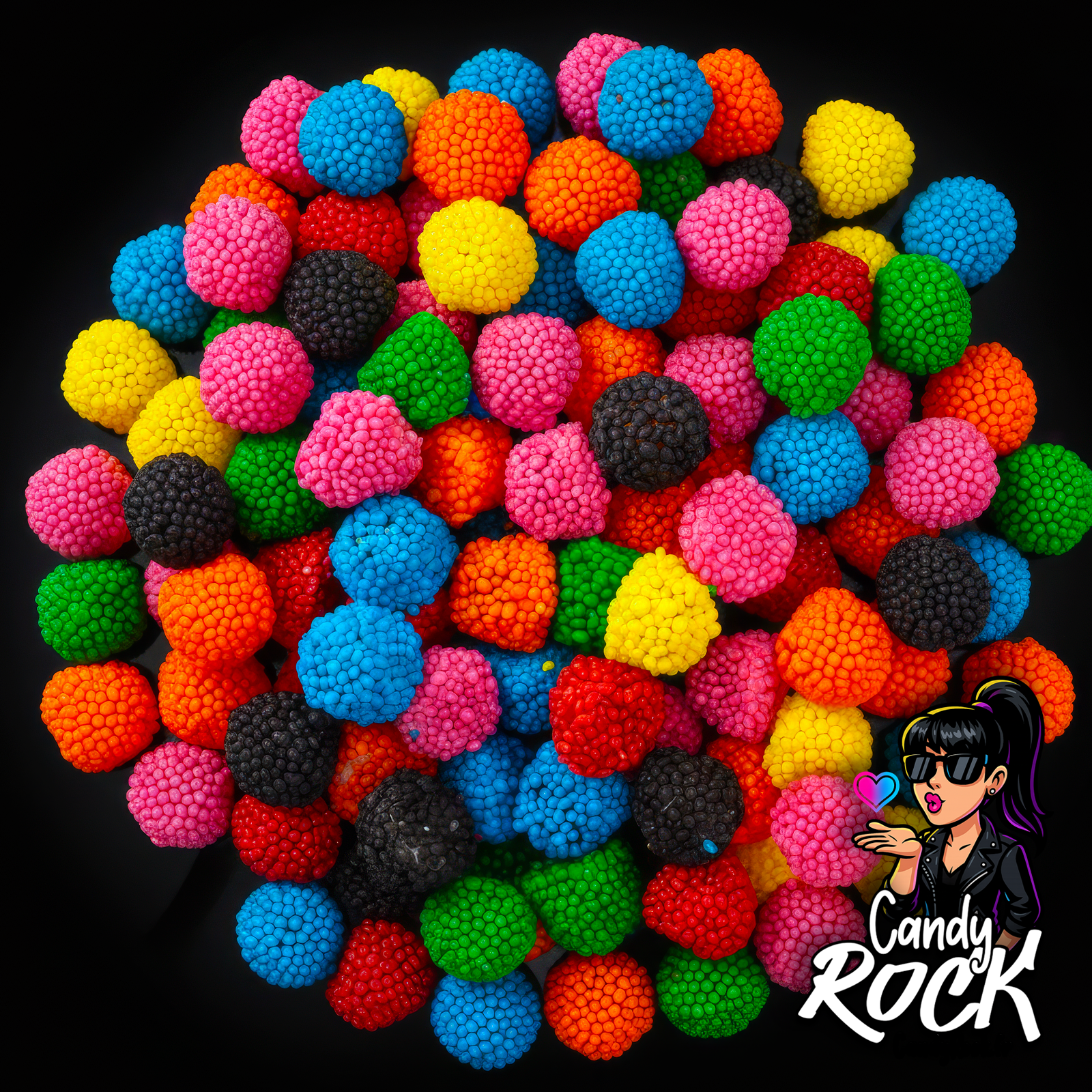 Bonbons Astéroïdes Burmar multicolores recouverts de perles croquantes, présentation générale sur fond noir CandyRock.