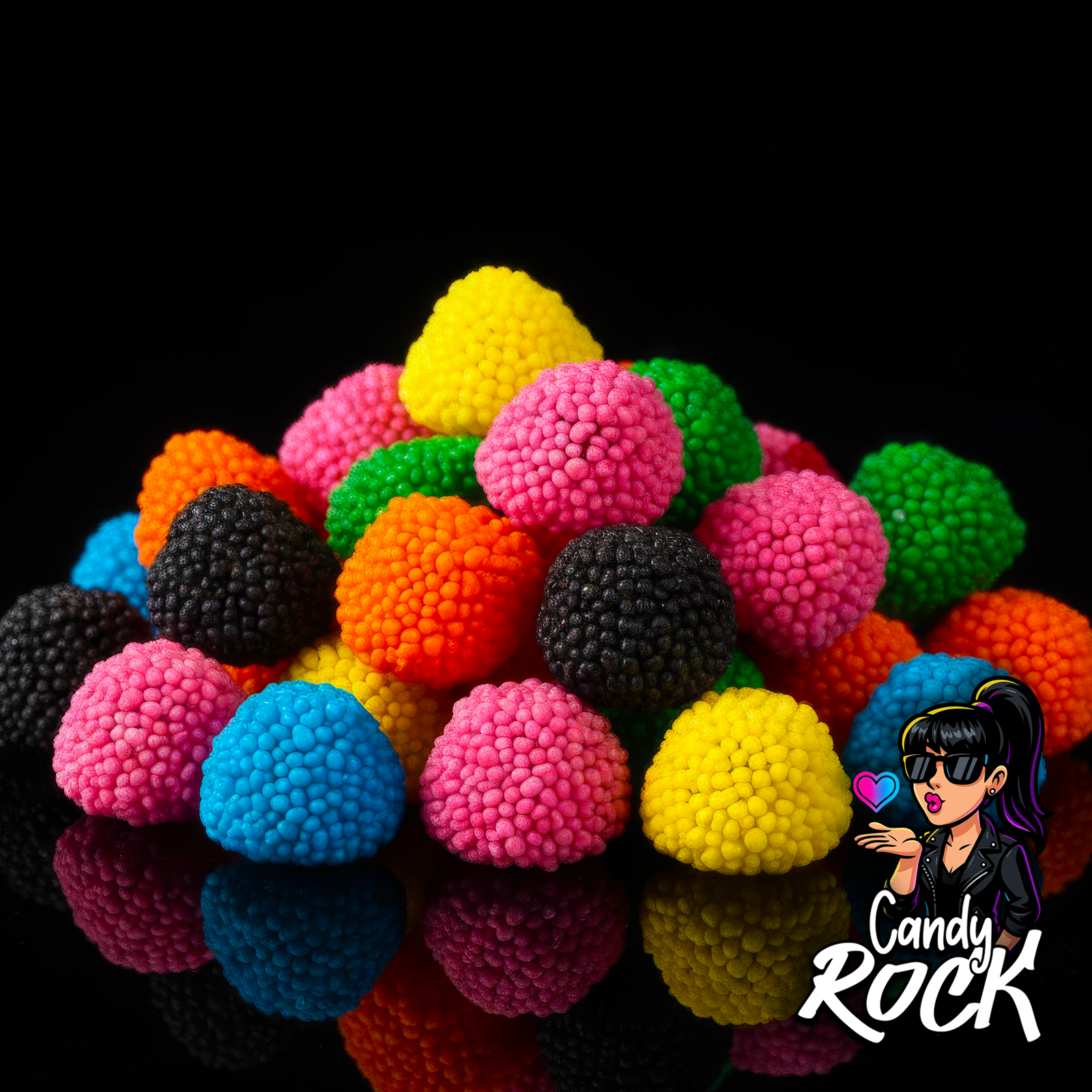 Vue rapprochée des bonbons Astéroïdes Burmar montrant la texture tendre et les perles croquantes colorées, CandyRock.