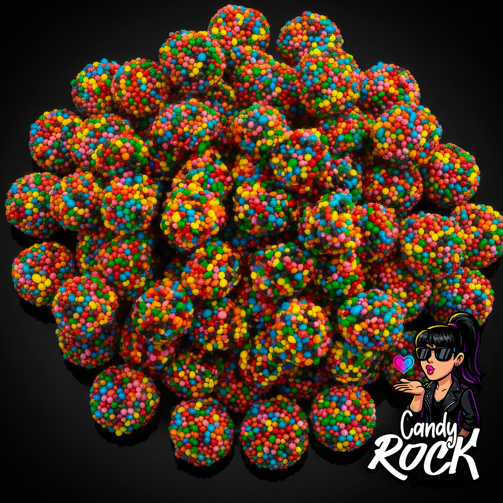 Bonbons Astéroïdes Disco Burmar multicolores recouverts de perles croquantes, présentation générale sur fond noir CandyRock.