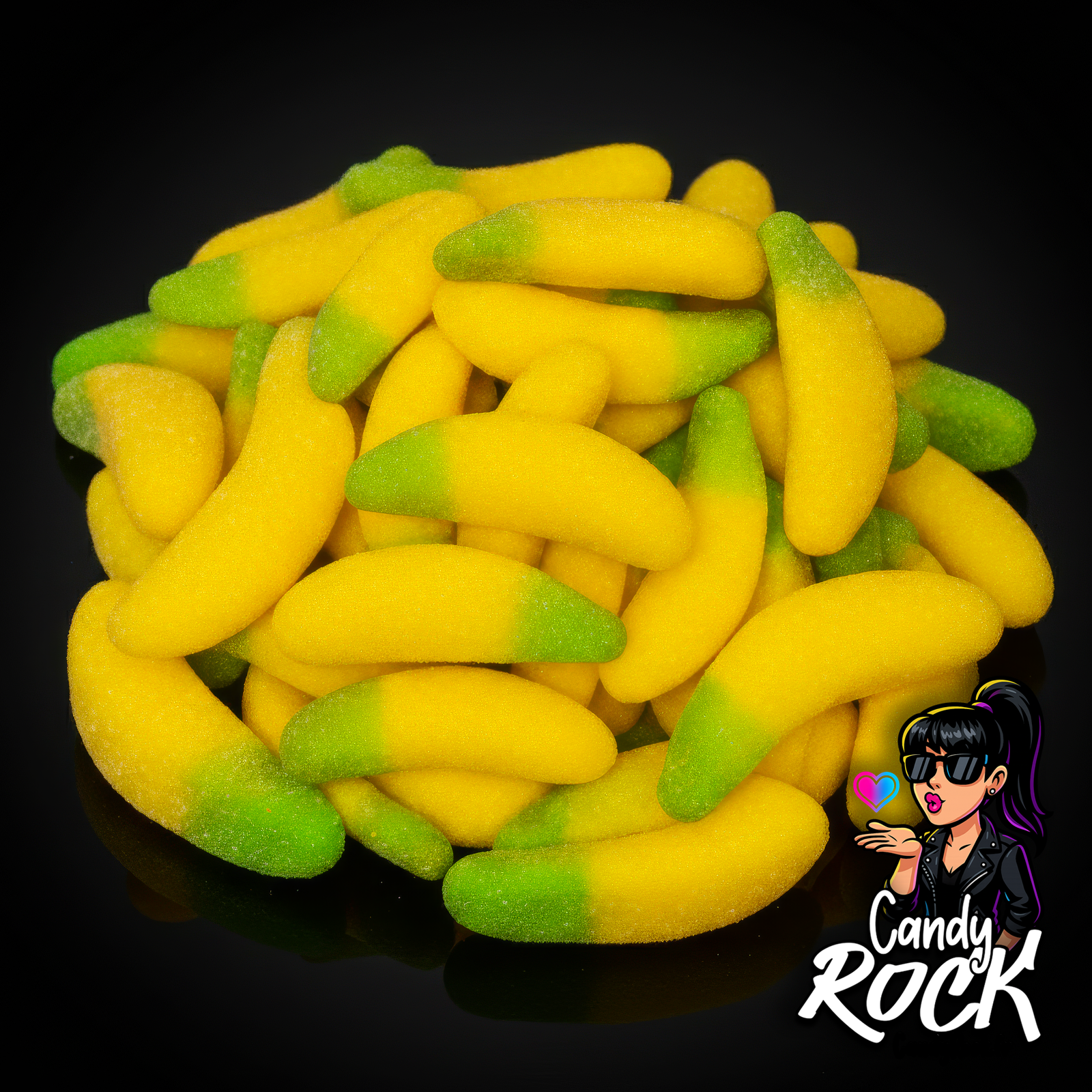 Bananes gélifiées jaunes et vertes fourrées, texture sucrée et moelleuse, présentation générale du vrac CandyRock.