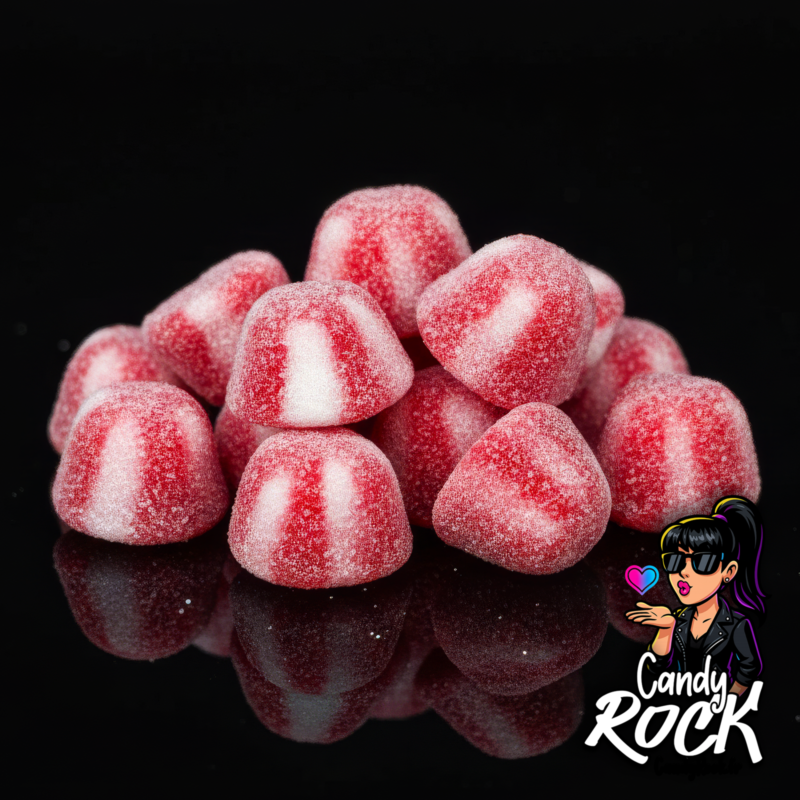 Vue rapprochée du Bisou Twist rouge, détail du sucre fin et de la texture gélifiée CandyRock.