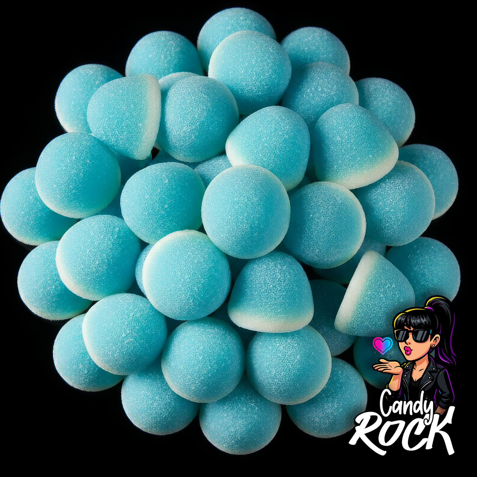 Bisous bleus sucrés en dômes mousseux avec base blanche, présentés sur fond noir CandyRock.