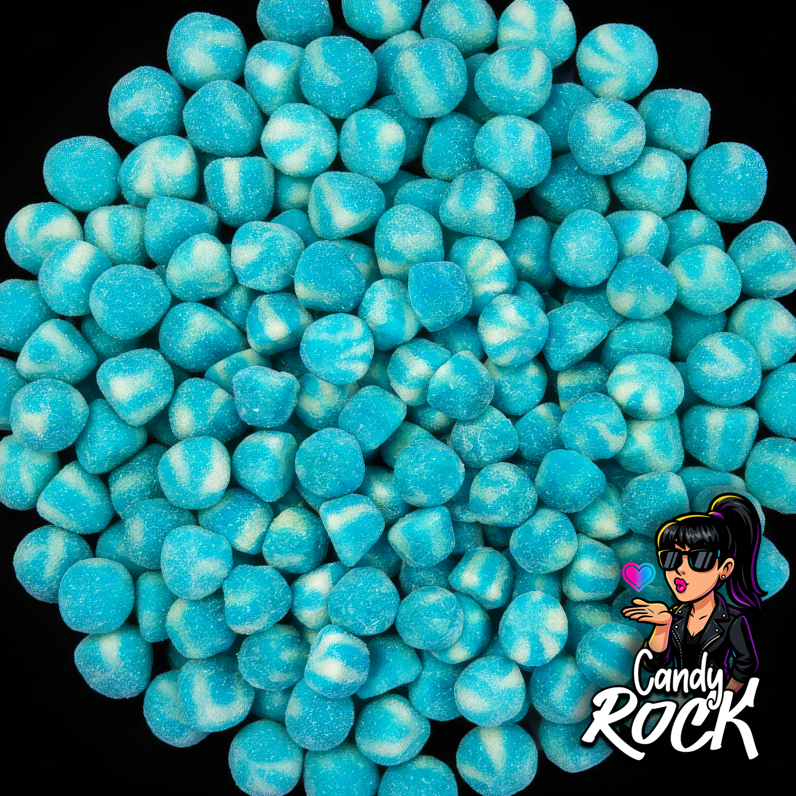 Bonbons Bisou Twist bleus sucrés en vrac, texture moelleuse et sucre fin, vue CandyRock.