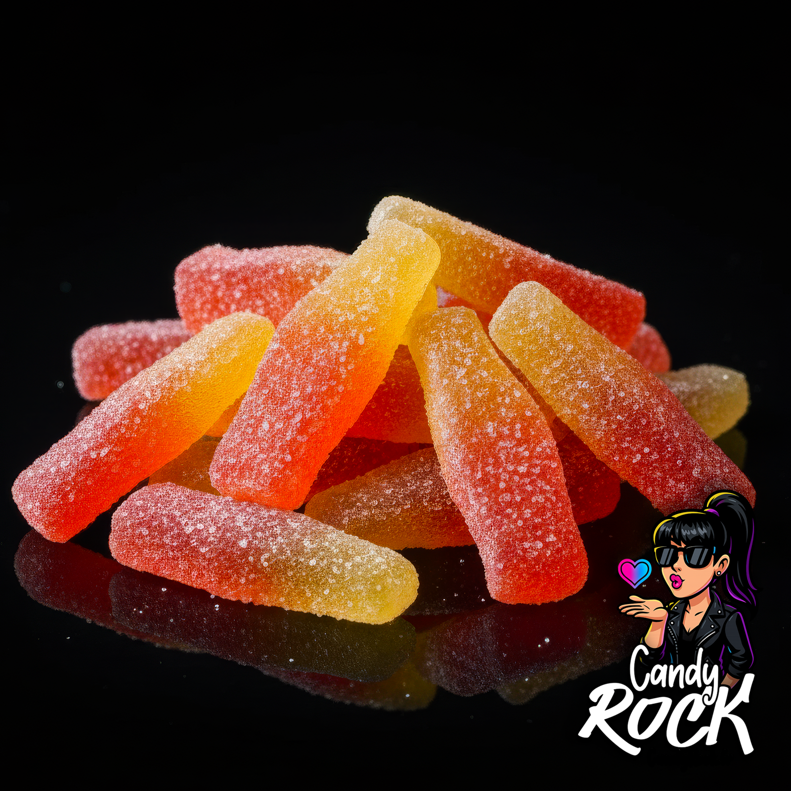 Vue rapprochée d’un tas de bouteilles gélifiées bicolores au sucre, détail de texture brillante, CandyRock.