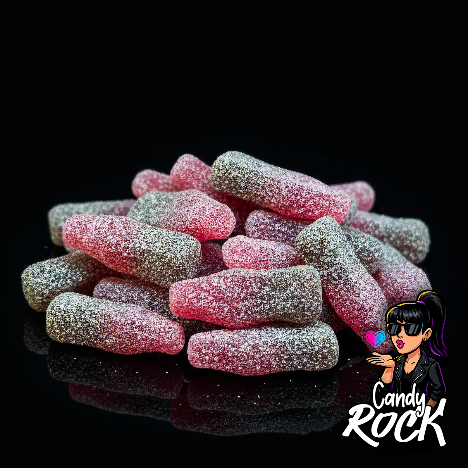 Gros plan sur un tas de bouteilles cherry cola gélifiées saupoudrées de sucre citrique, texture détaillée, CandyRock.