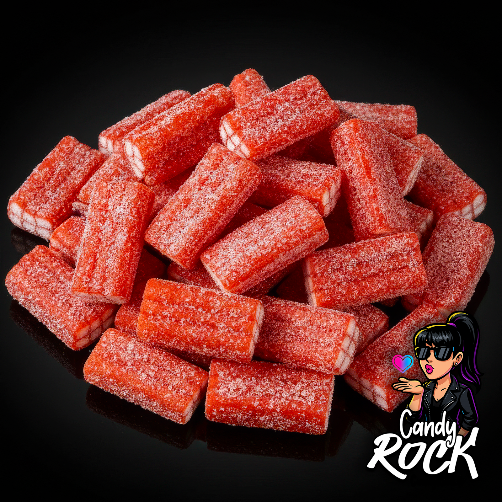 Vue rapprochée de briques rouges à la fraise avec cœur blanc crémeux et sucre acidulé brillant, CandyRock.