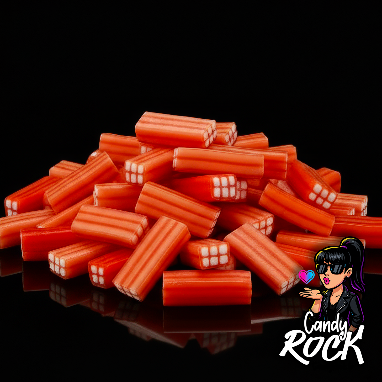 Zoom sur des briques lissées rouges fourrées blanc, texture lisse et brillante mise en avant, CandyRock.